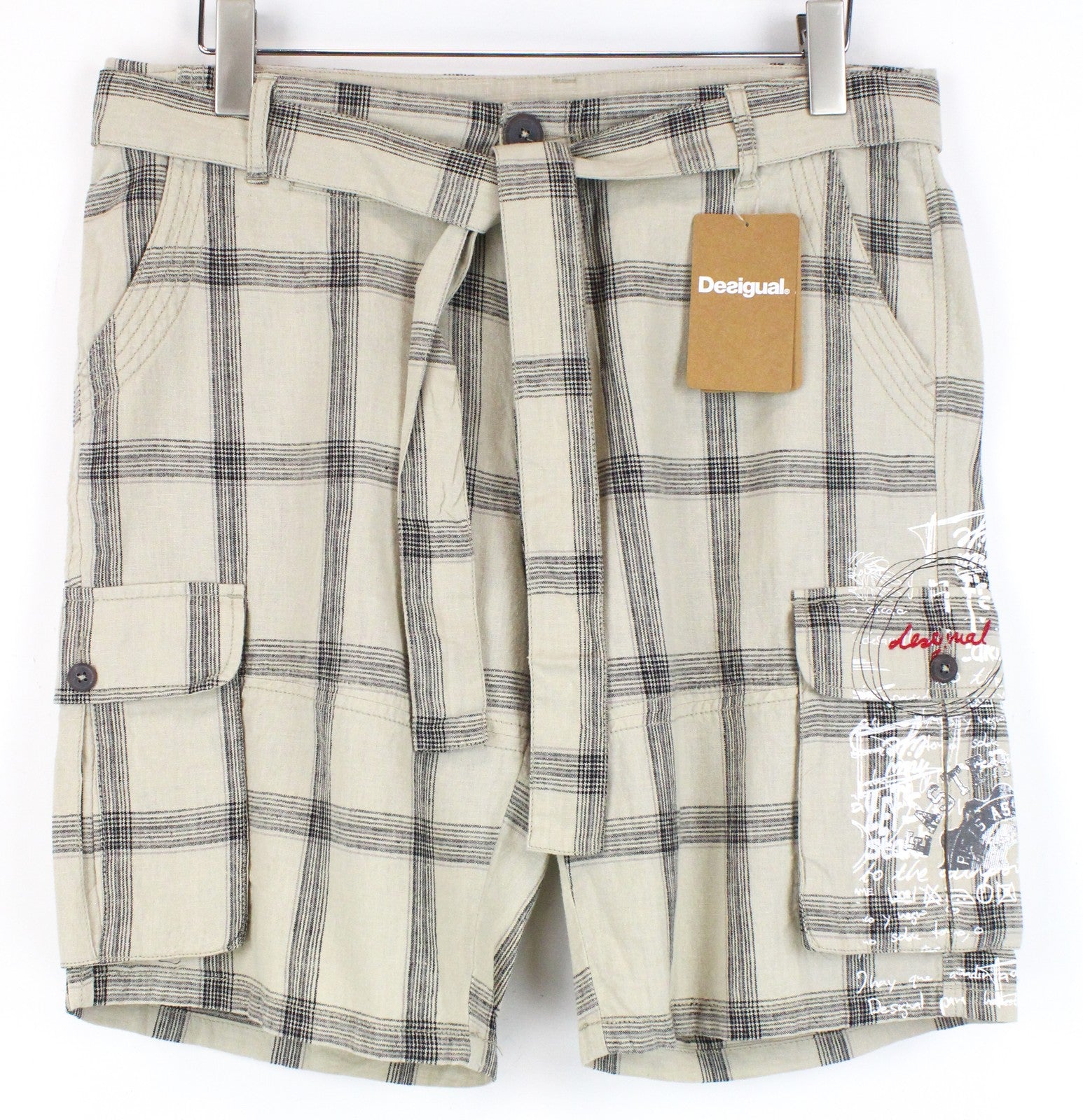 DESIGUAL Marc Men Shorts 32 Light Brown Linen Cotton Checked Belted Logo Cargo