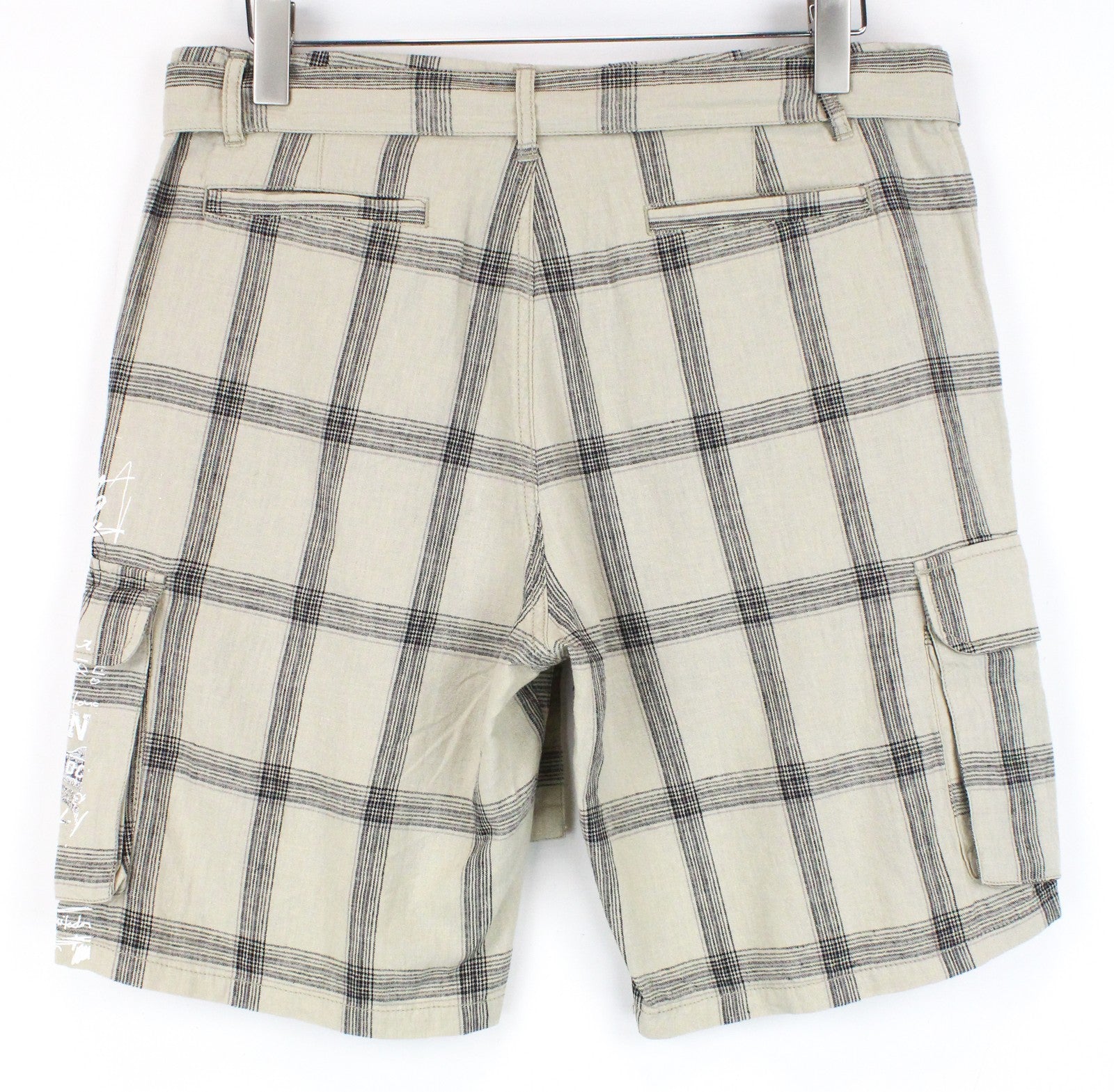 DESIGUAL Marc Men Shorts 32 Light Brown Linen Cotton Checked Belted Logo Cargo