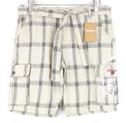 DESIGUAL Marc Men Shorts 32 Sand Brown Linen Cotton Checked Belted Logo Cargo