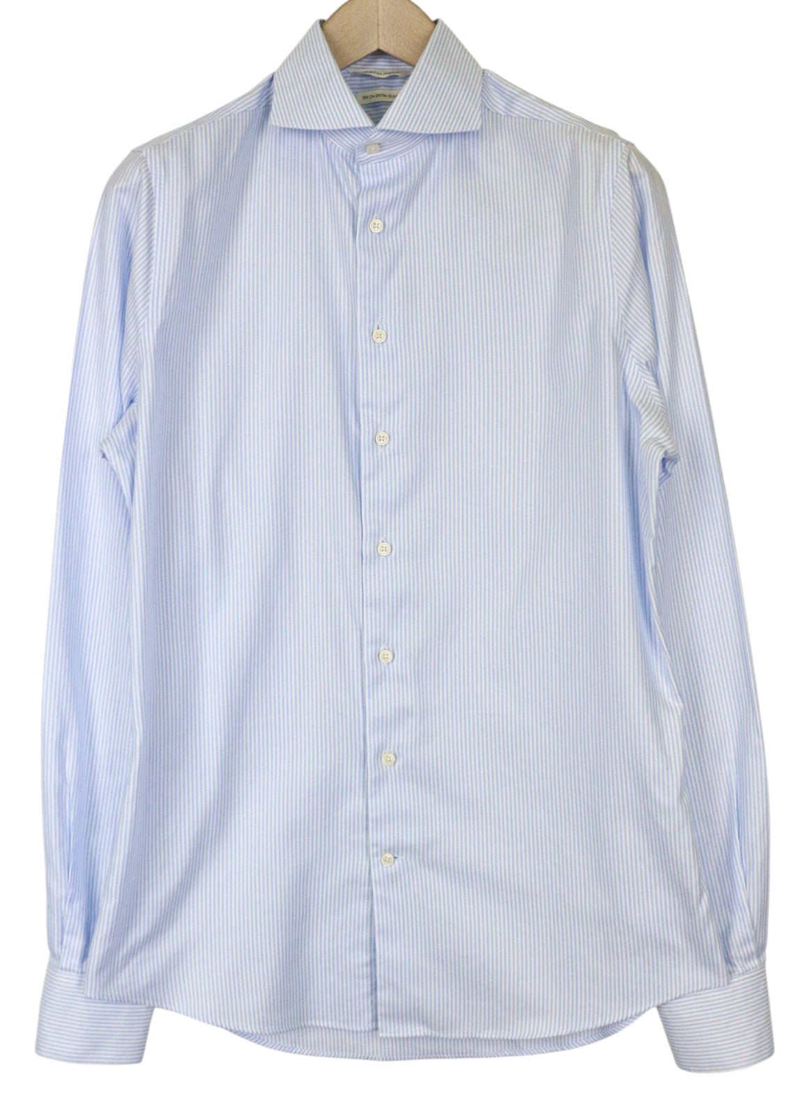 SUITSUPPLY vyriški formalūs marškiniai 39L/15 1/2L, ypač ploni, mėlyni, dryžuoti medvilniniai marškiniai su dryžuotu audiniu