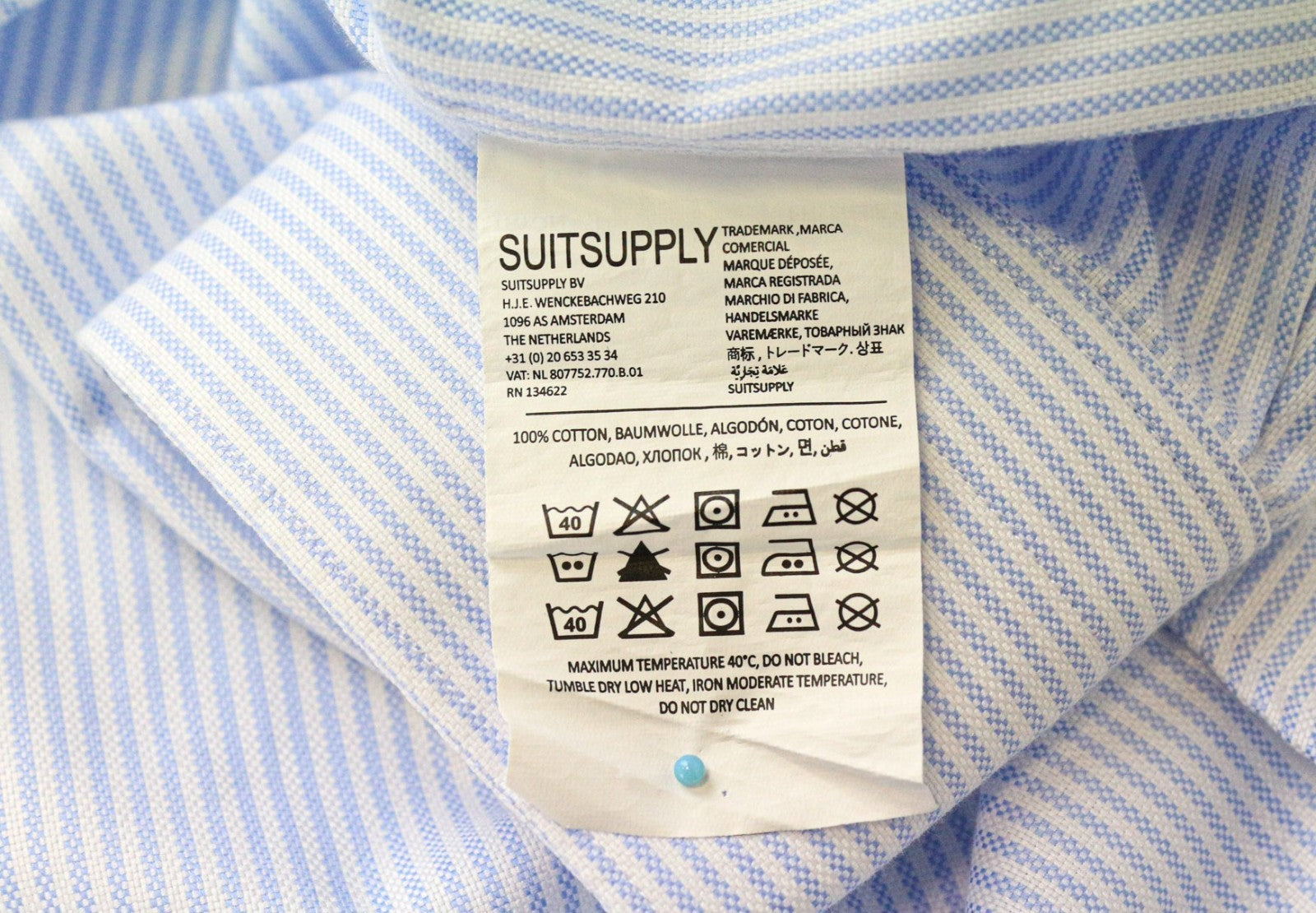 SUITSUPPLY vyriški formalūs marškiniai 39L/15 1/2L, ypač ploni, mėlyni, dryžuoti medvilniniai marškiniai su dryžuotu audiniu