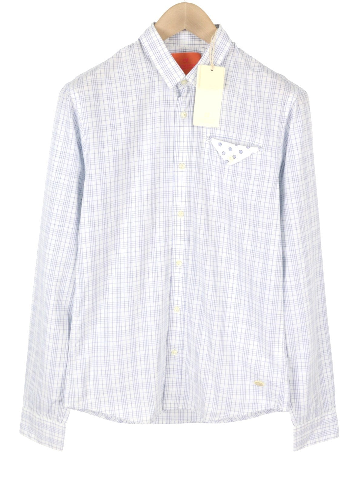 SCOTCH & SODA Men Shirt S White Plaid Cotton Button-Up Patch Pocket Spread