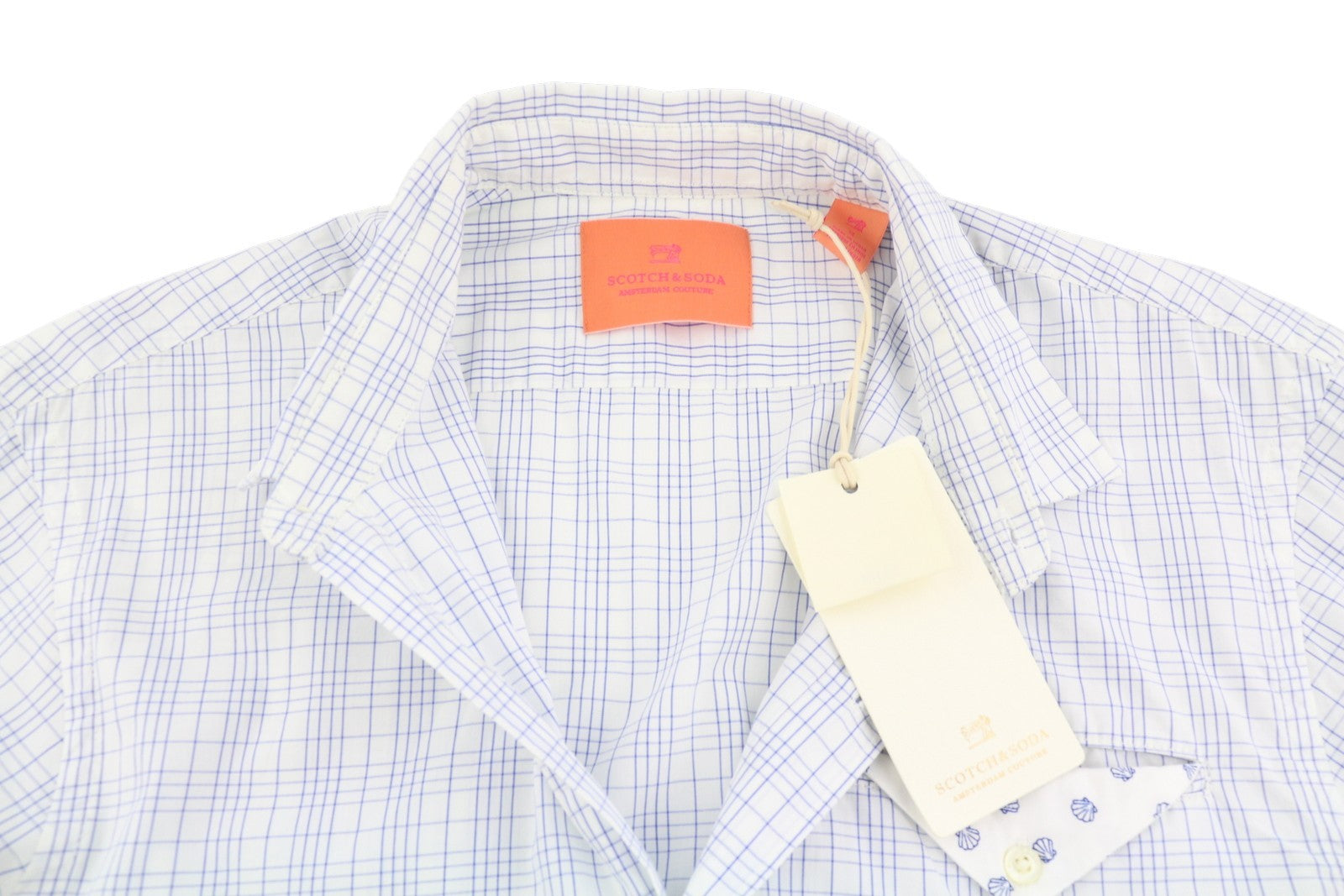 SCOTCH & SODA Men Shirt S White Plaid Cotton Button-Up Patch Pocket Spread