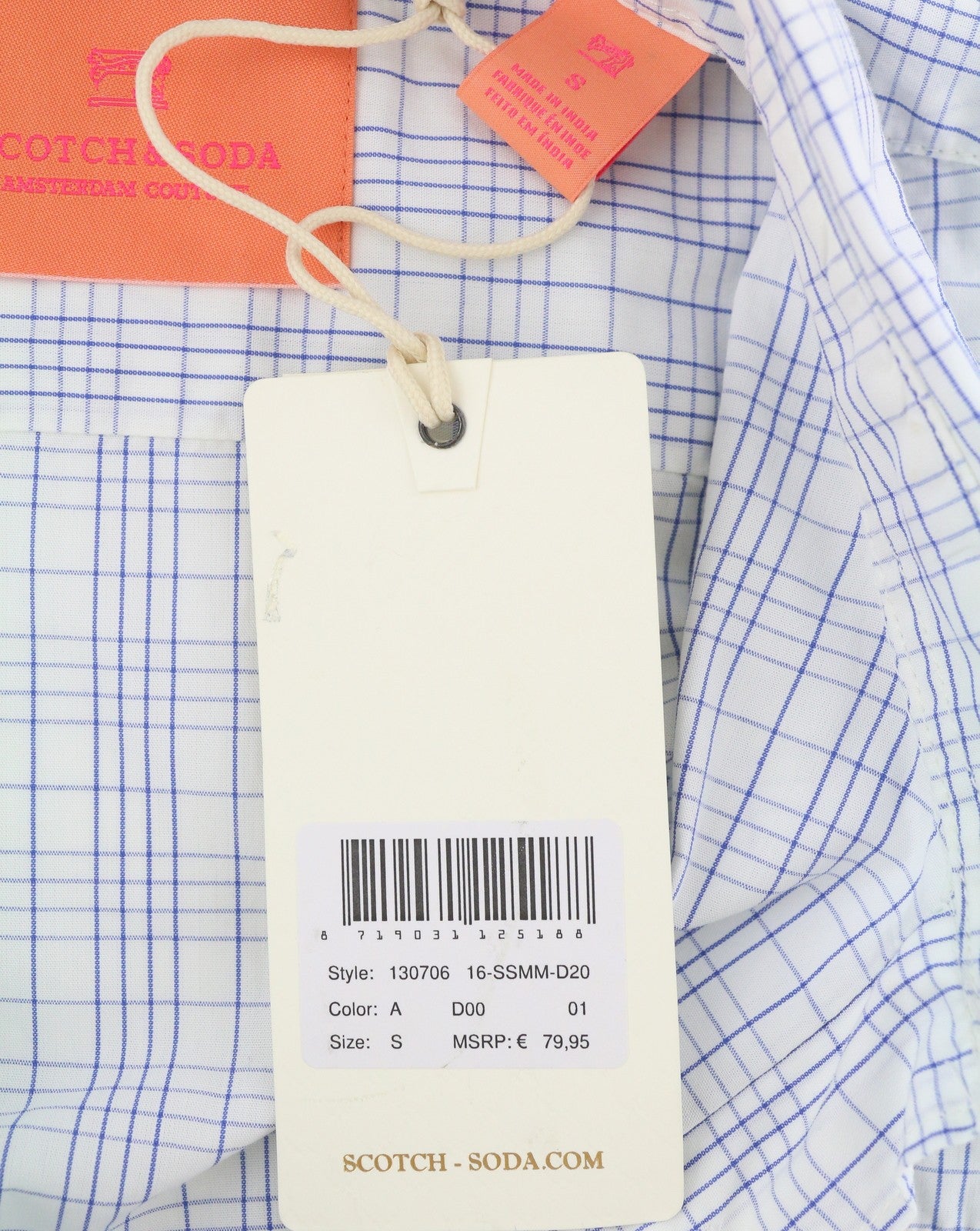 SCOTCH & SODA Men Shirt S White Plaid Cotton Button-Up Patch Pocket Spread