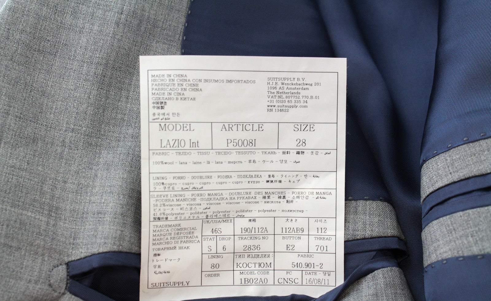 SUITSUPPLY Lazio Men Blazer UK46S Pure Wool Super 120's Grey Classic Lined