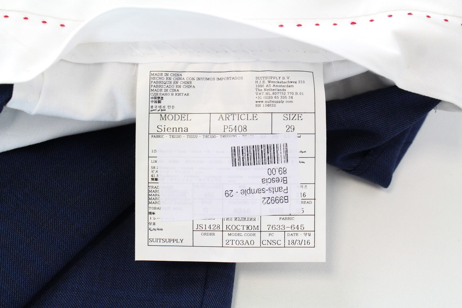 SUITSUPPLY Sienna Men Trousers UK48S Blue Pure Wool Pleated Classic Slit Pocket