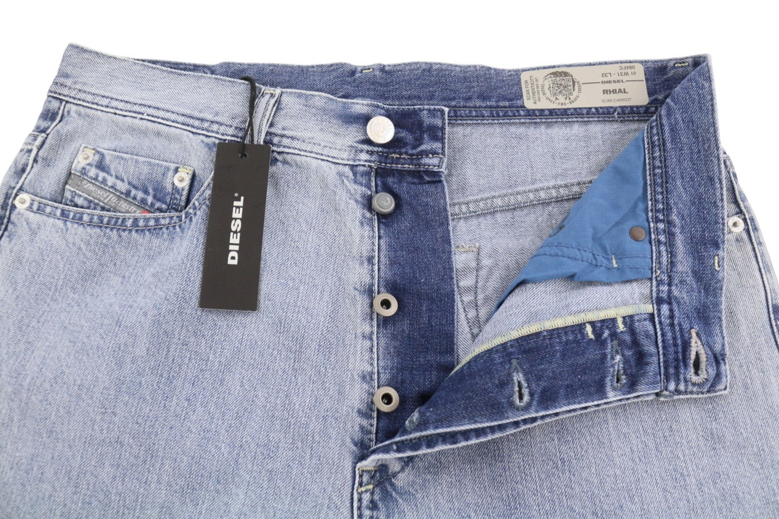 DIESEL Rhial 084FC Men Jeans W31/L32 Blue Faded Slim Carrot Fit Cropped Button