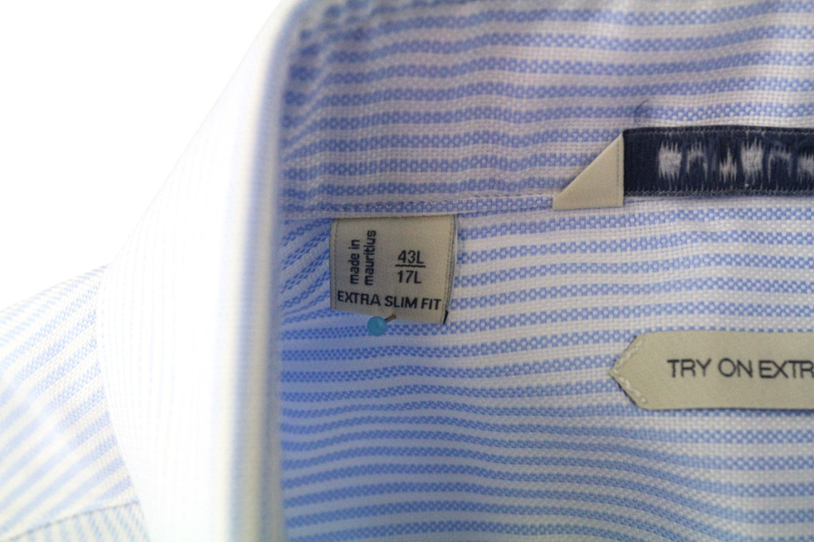 SUITSUPPLY vyriški formalūs marškinėliai 43L/17L itin ploni mėlyni medvilniniai dryžuoti raštai 