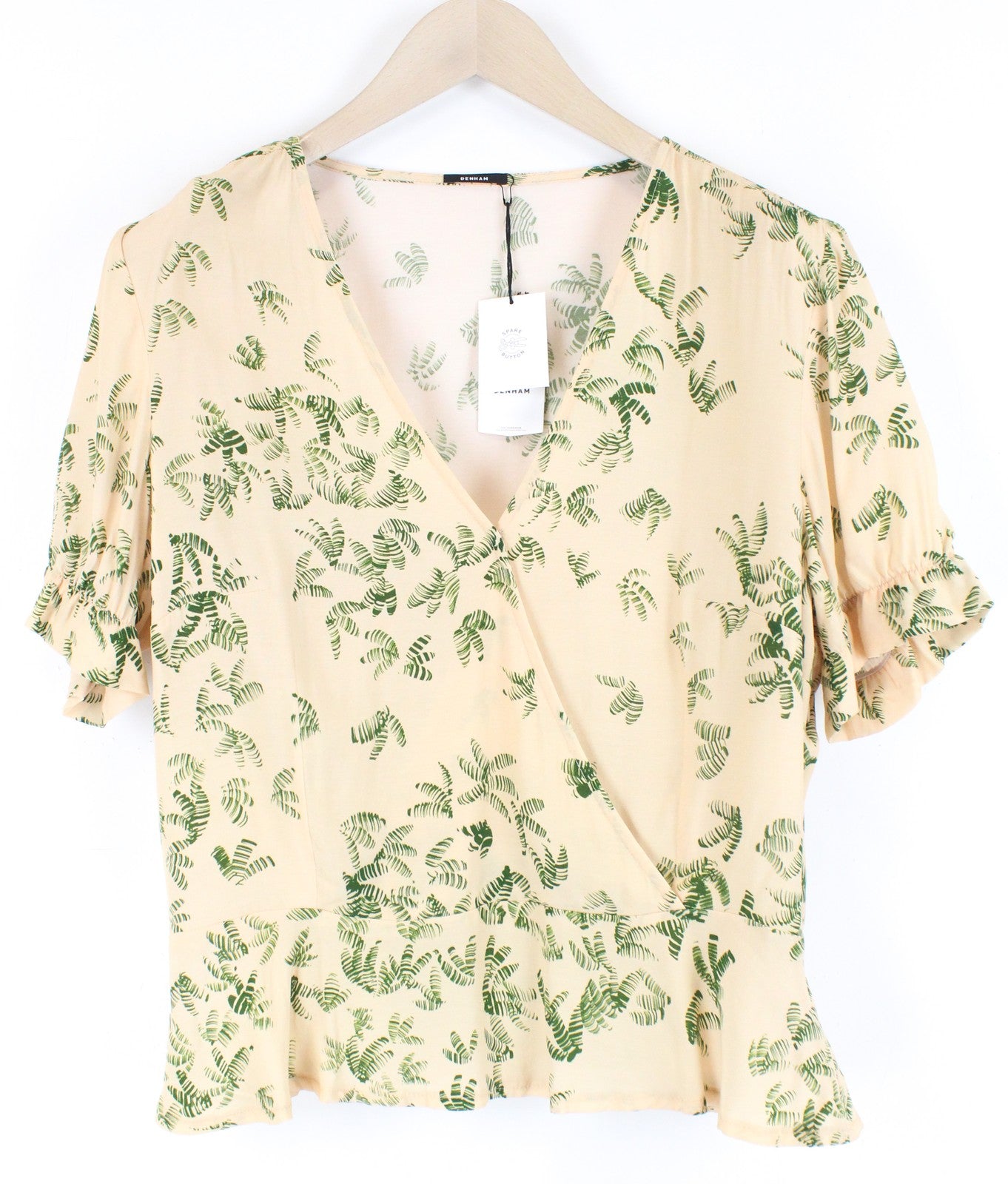 DENHAM Thelma Women T-Shirt L Beige Palm Pattern Short Sleeve V-Neck Lightweight