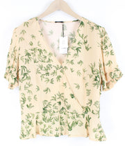 DENHAM Thelma Women T-Shirt L Beige Palm Pattern Short Sleeve V-Neck Lightweight