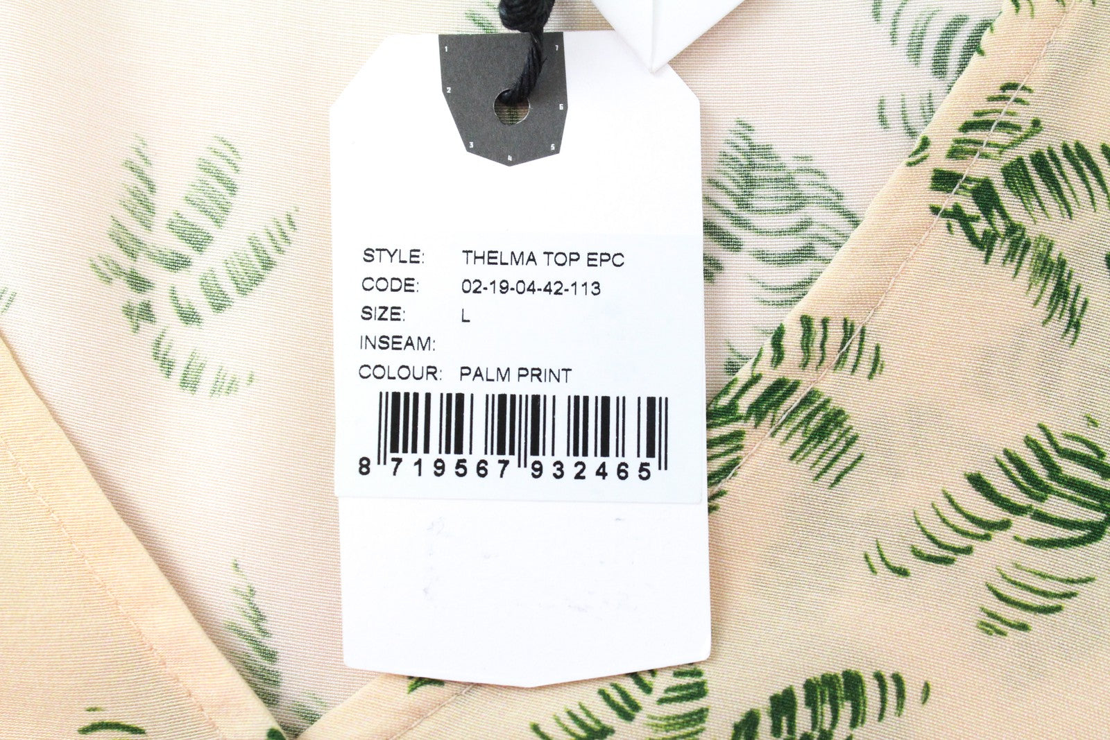 DENHAM Thelma Women T-Shirt L Beige Palm Pattern Short Sleeve V-Neck Lightweight
