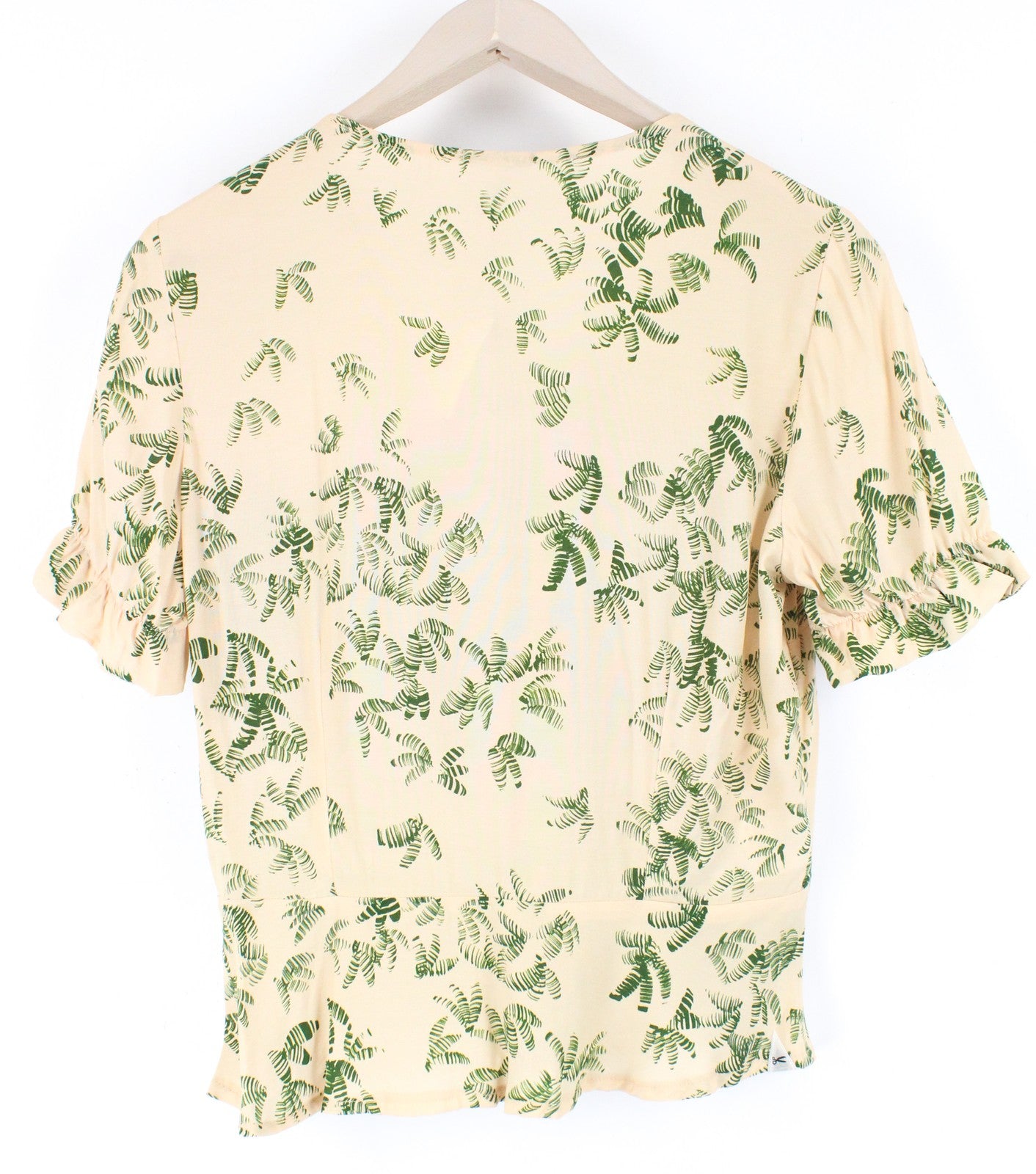 DENHAM Thelma Women T-Shirt XS Beige Palm Pattern Short Sleeved V-Neck