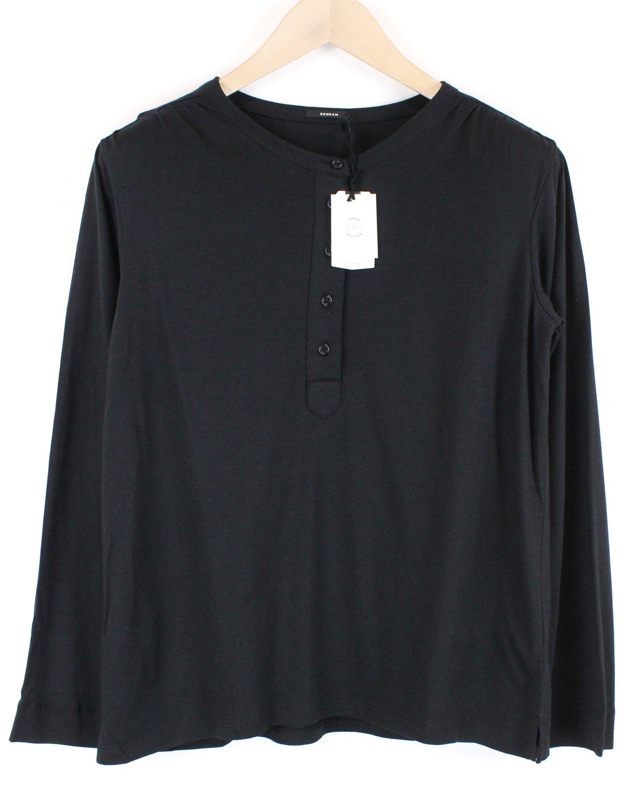 DENHAM Baldwin Women T-Shirt S Black Cotton Blend Long Sleeve Henley Casual