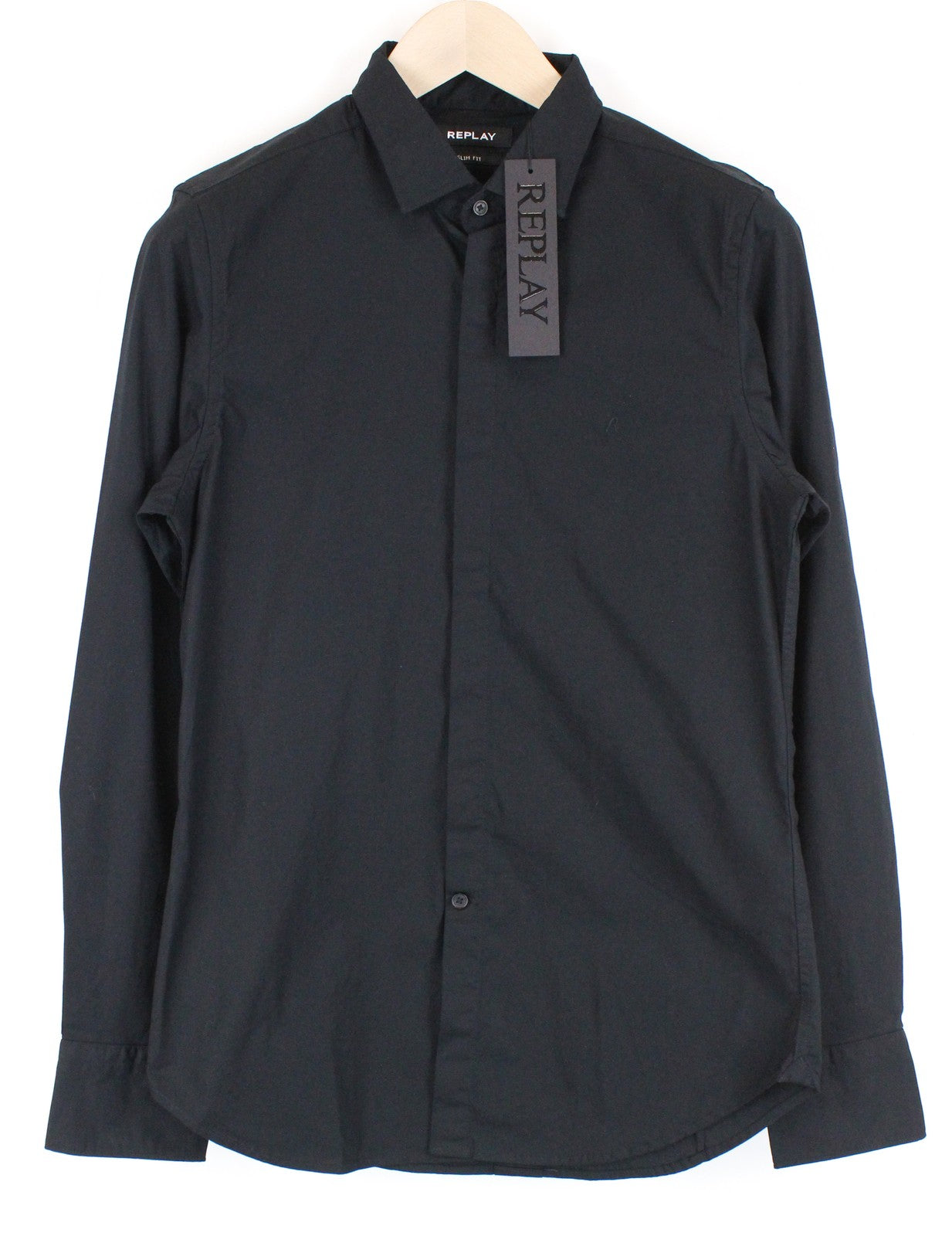 REPLAY Men Shirt S Black Slim Fit Cotton Stretch Long Sleeved Collared Button-Up