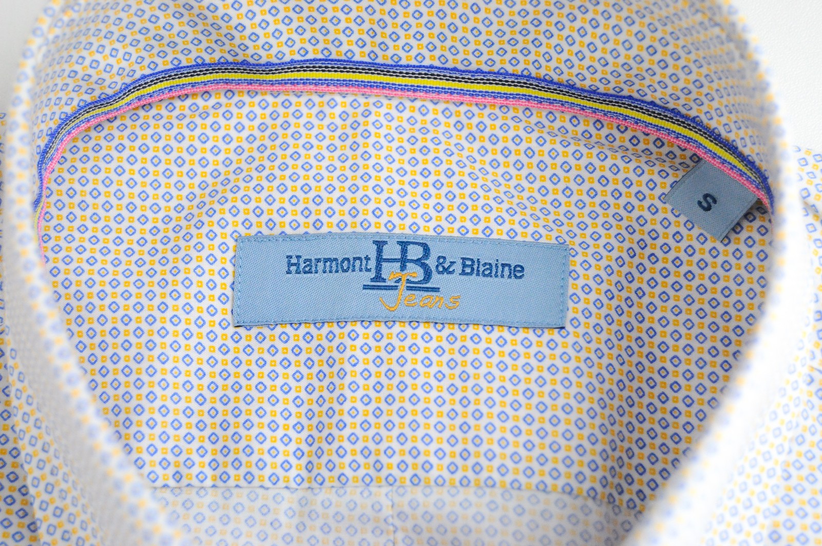 HARMONT & BLAINE Men Shirt S White Blue Yellow Patterned Cotton Long Sleeve