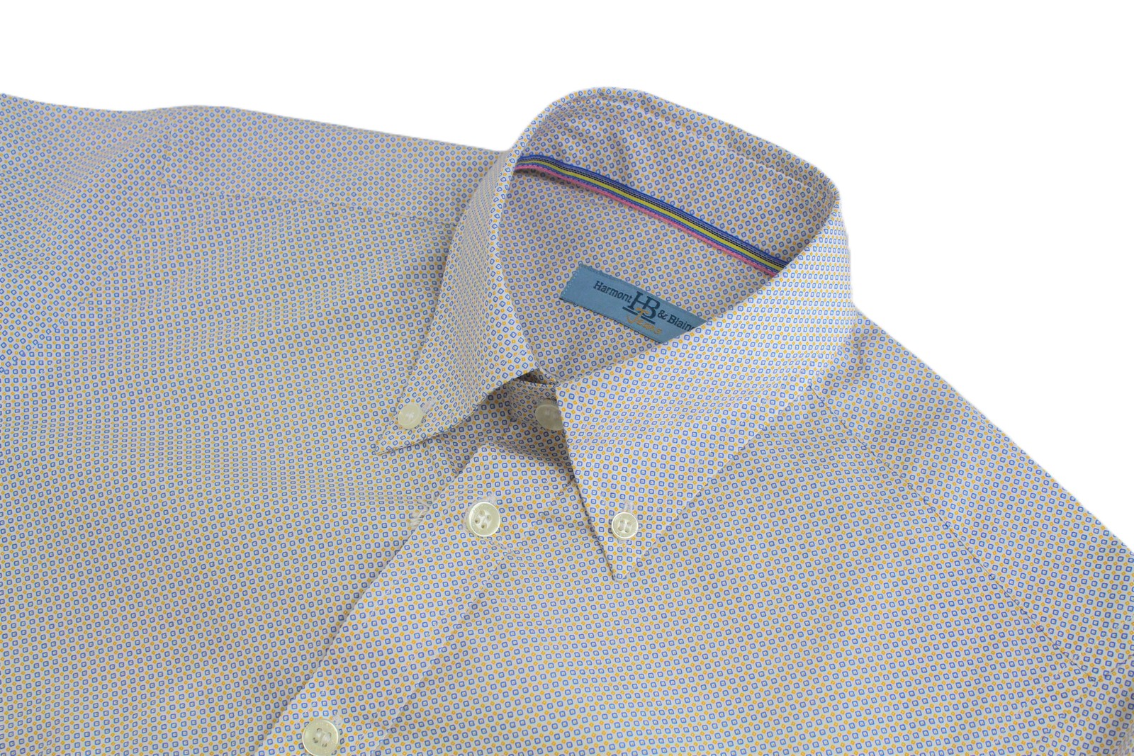 HARMONT & BLAINE Men Shirt S White Blue Yellow Pattern Cotton Long Sleeve