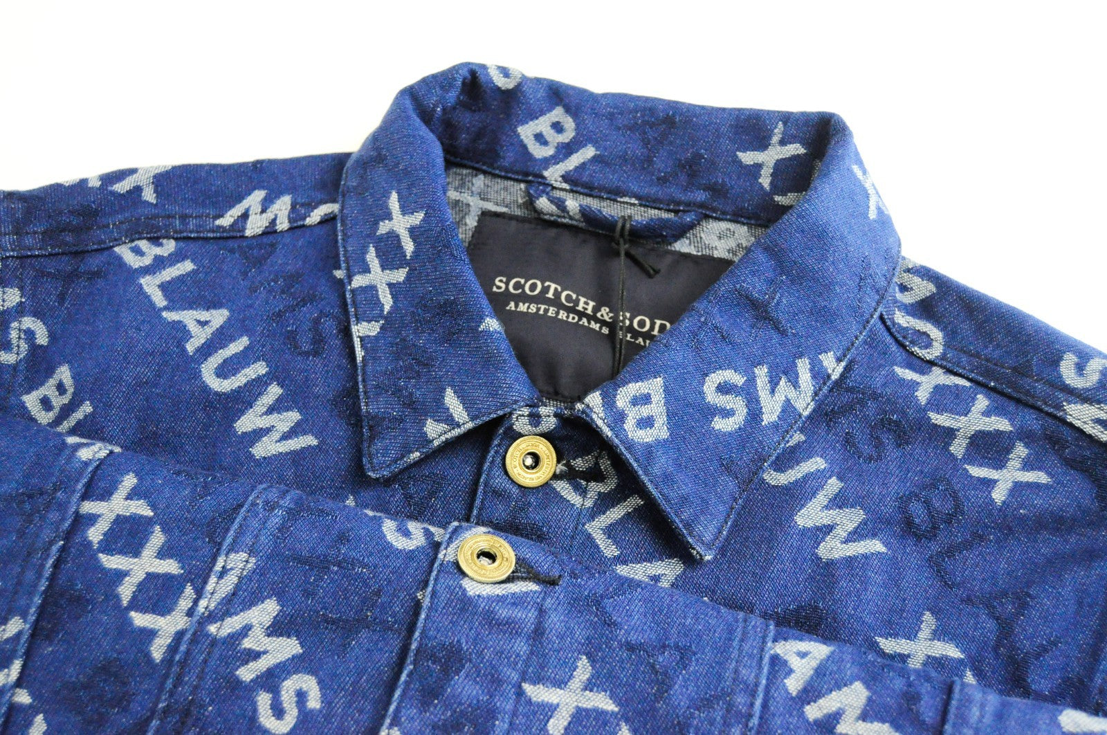 SCOTCH & SODA Ams Blauw Men Jacket ~L Blue Long Sleeved Logo Patterned Denim