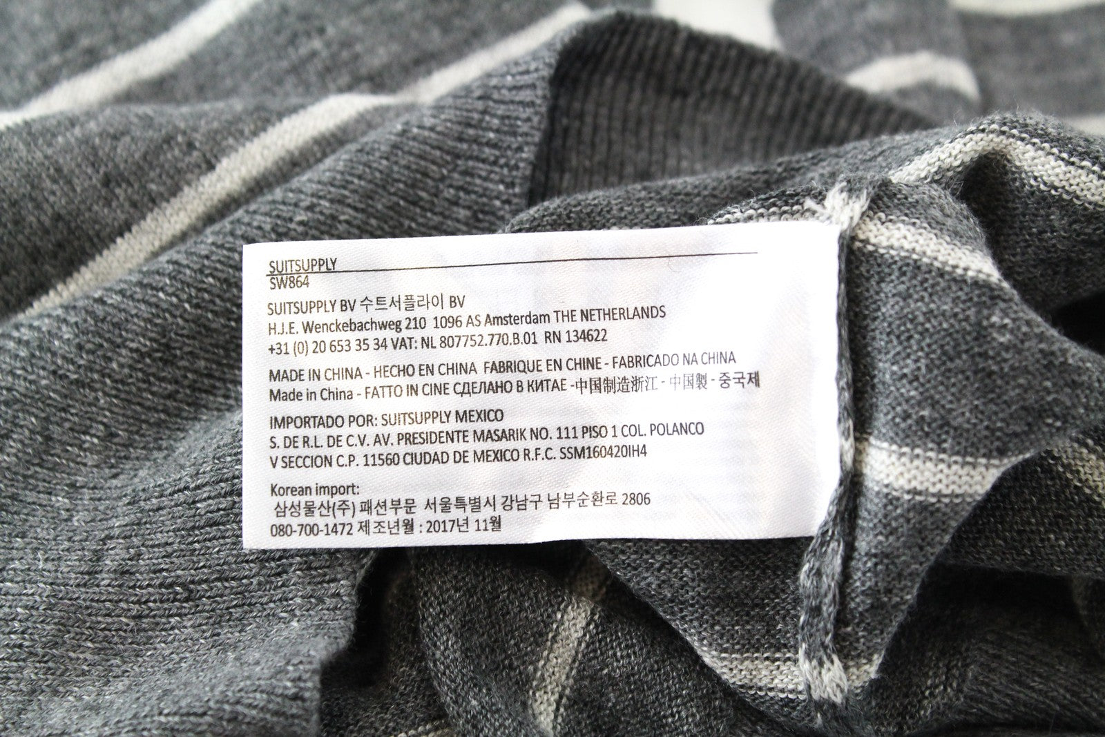SUITSUPPLY Men Jumper XS Grey Linen Cotton Striped Knitted Long Sleeve Sweater