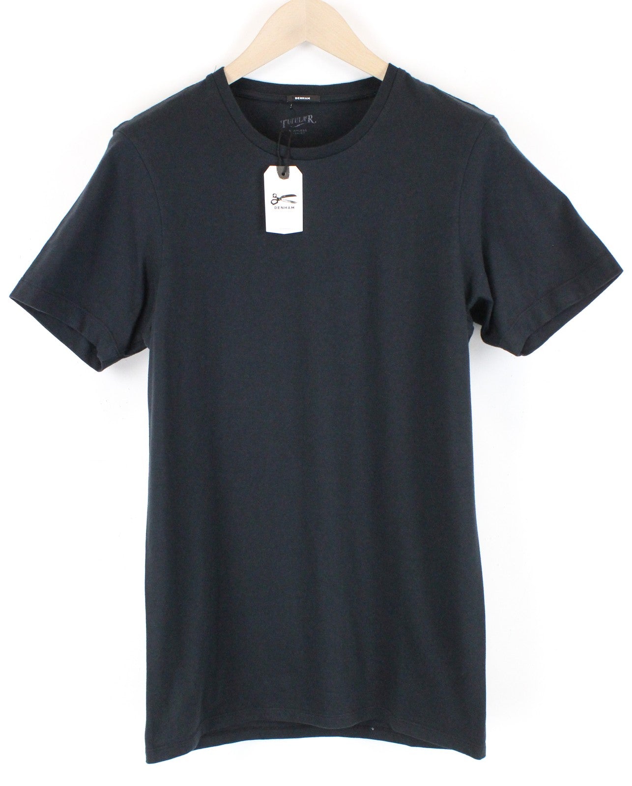 DENHAM Tubular Women T-Shirt S Black Pure Cotton Short Sleeve Round Neck Plain