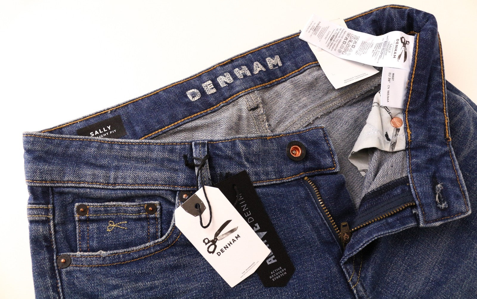 DENHAM Sally Women Jeans W26/L34 Straight Blue Washed Cotton Stretch Denim