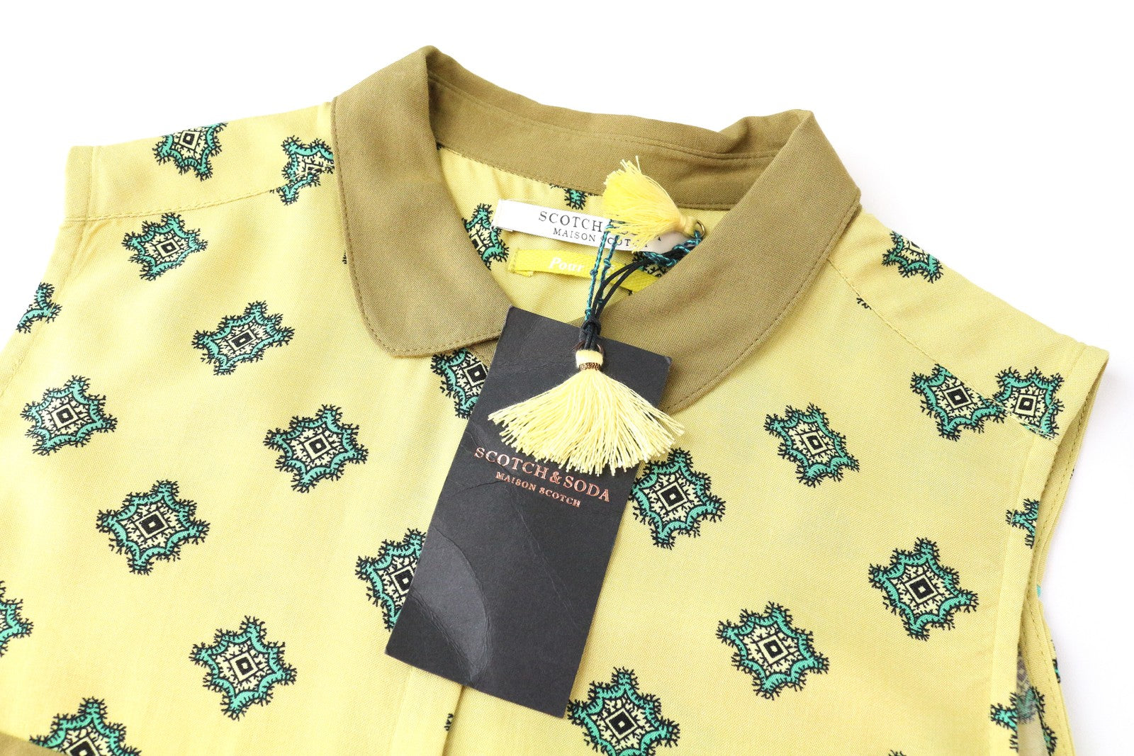 MAISON SCOTCH Women T-Shirt XS Yellow Sleeveless Patterned Collared Button-Up