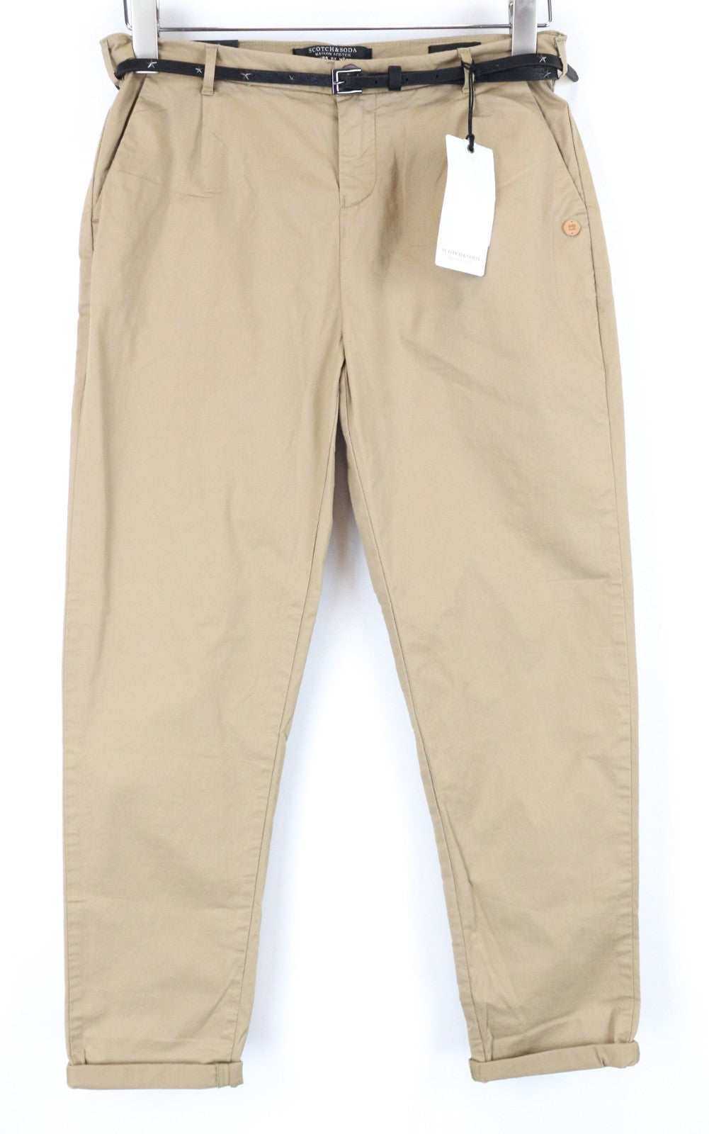 MAISON SCOTCH Women Trousers W27/L32 Sand Brown Slim Fit Cotton Stretch Belted