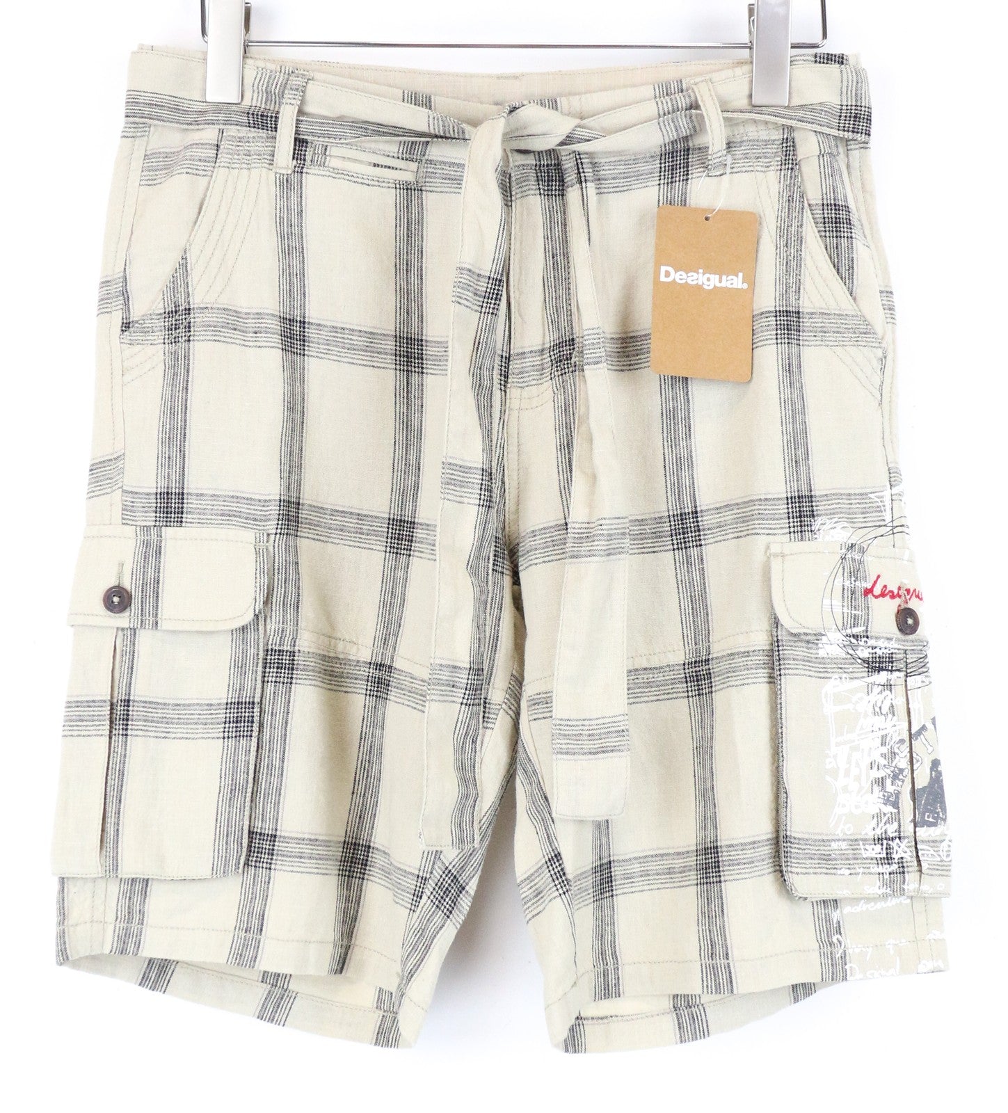 DESIGUAL Marc Men Shorts 28 Light Brown Checked Linen Cotton Multi Pocket Tied