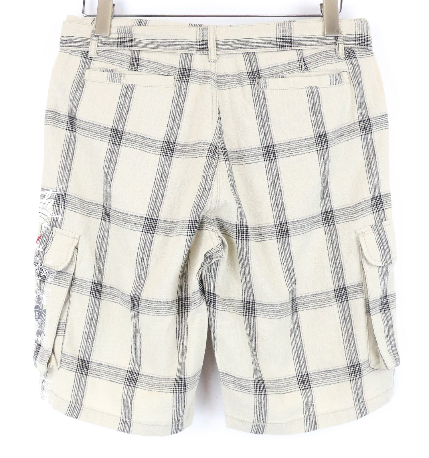 DESIGUAL Marc Men Shorts 28 Light Brown Checked Linen Cotton Multi Pocket Tied