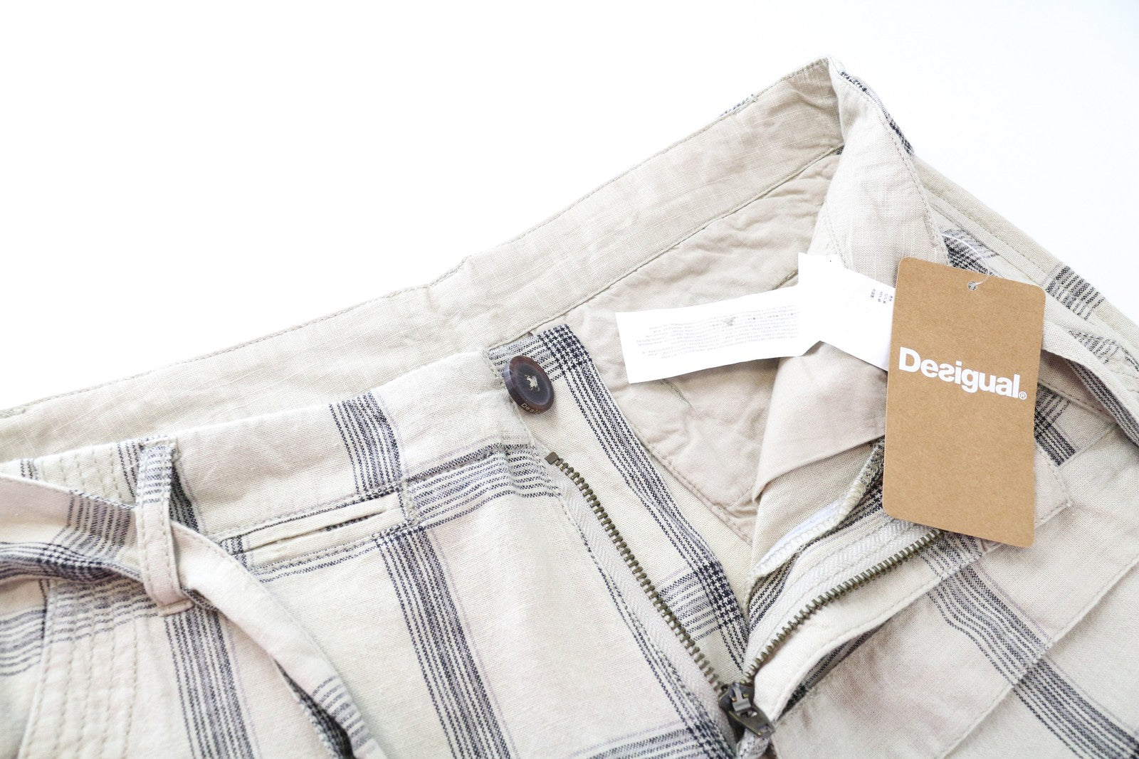 DESIGUAL Marc Men Shorts 28 Light Brown Checked Linen Cotton Multi Pocket Tied
