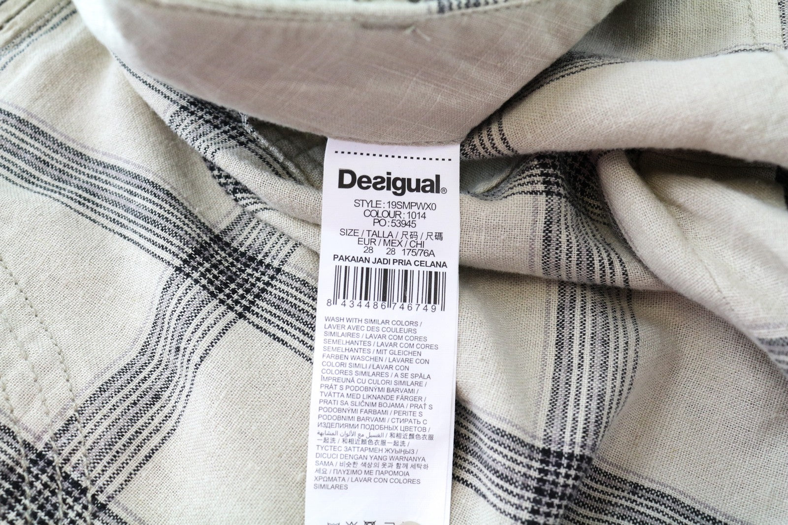 DESIGUAL Marc Men Shorts 28 Light Brown Checked Linen Cotton Multi Pocket Tied