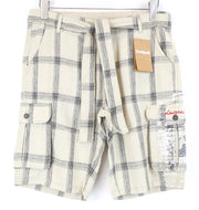 DESIGUAL Marc Men Shorts 28 Light Brown Check Pattern Linen Cotton Multi Pocket