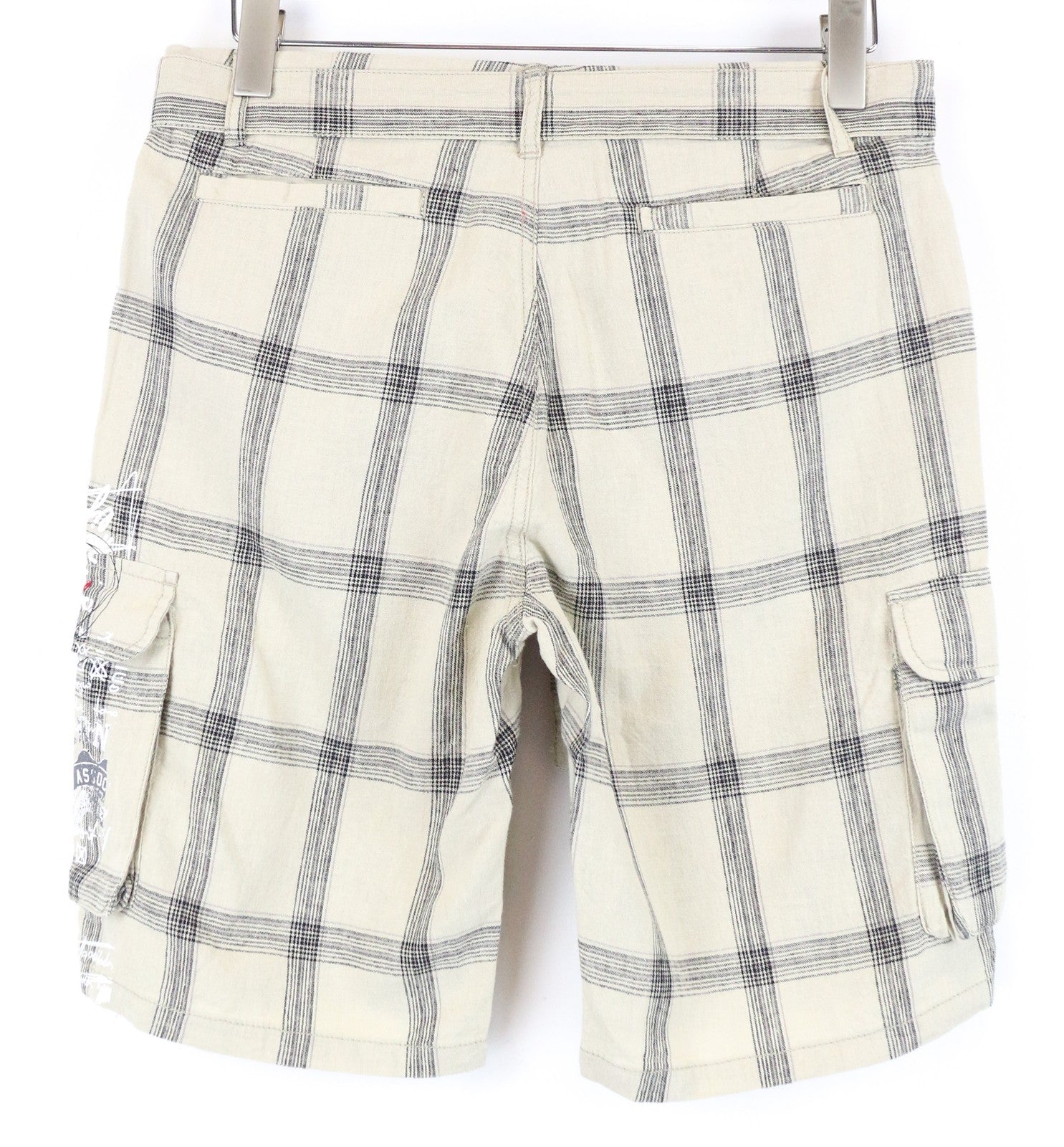DESIGUAL Marc Men Shorts 28 Light Brown Check Pattern Linen Cotton Multi Pocket