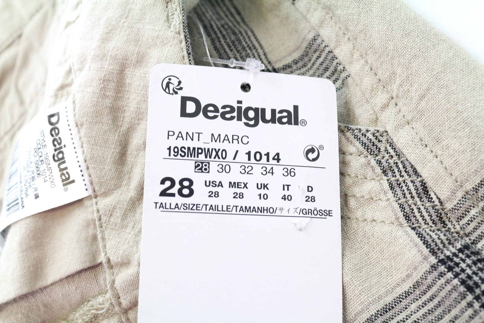 DESIGUAL Marc Men Shorts 28 Sand Brown Check Pattern Linen Cotton Multi Pocket
