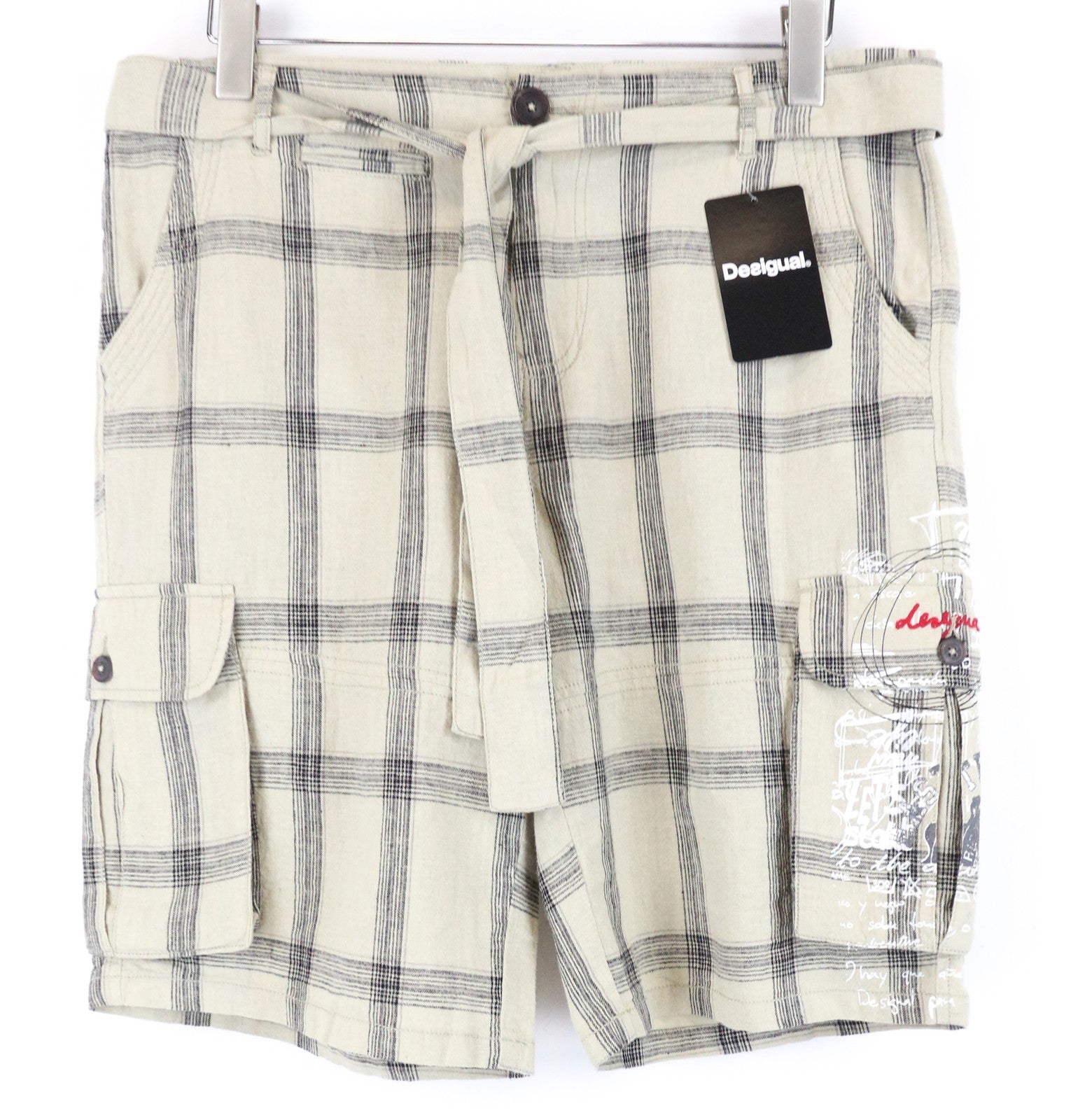 DESIGUAL Marc Men Shorts 32 Brown Check Pattern Linen Cotton Multi Pocket Cargo