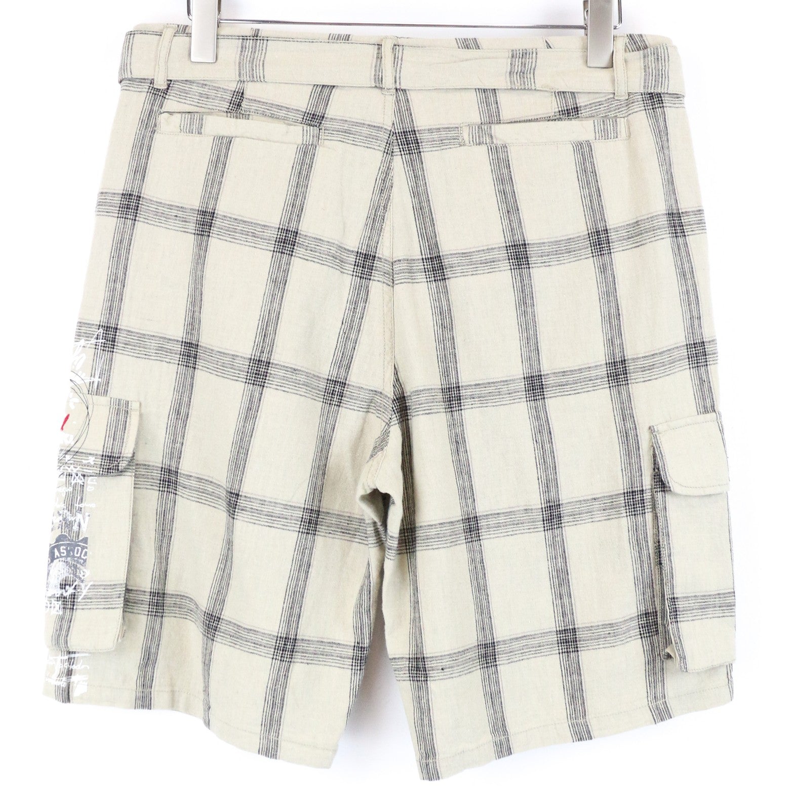 DESIGUAL Marc Men Shorts 32 Brown Check Pattern Linen Cotton Multi Pocket Cargo