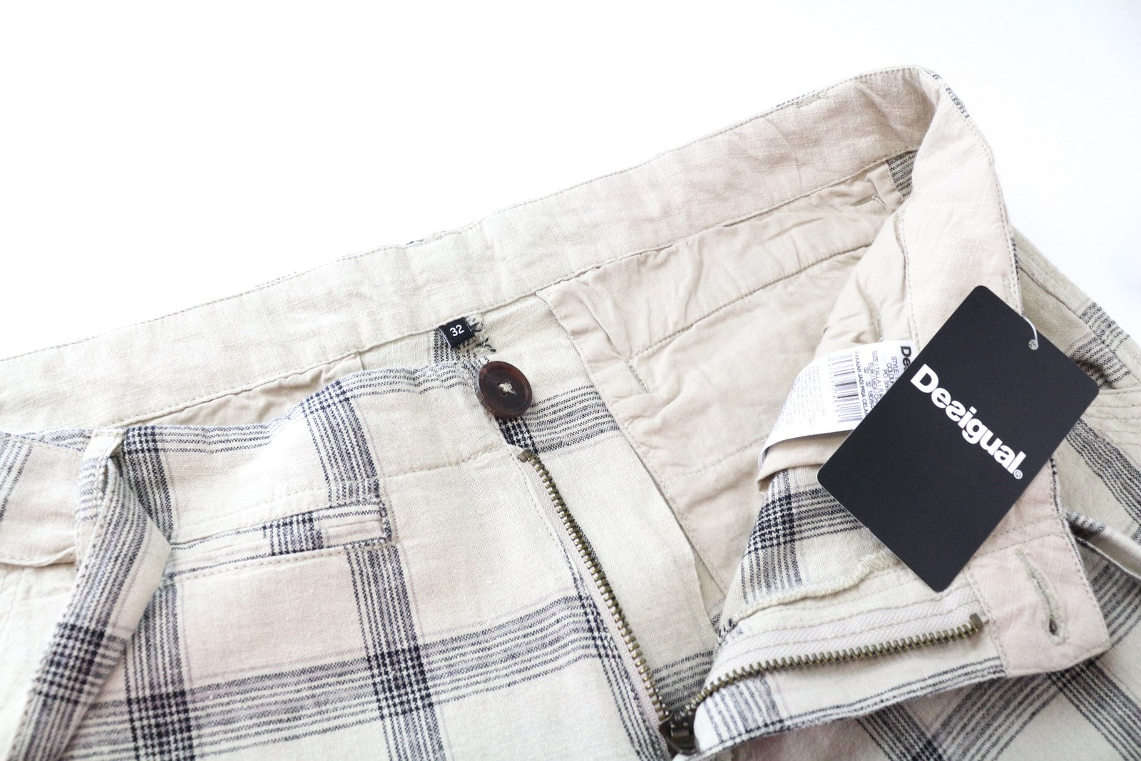 DESIGUAL Marc Men Shorts 32 Brown Check Pattern Linen Cotton Multi Pocket Cargo