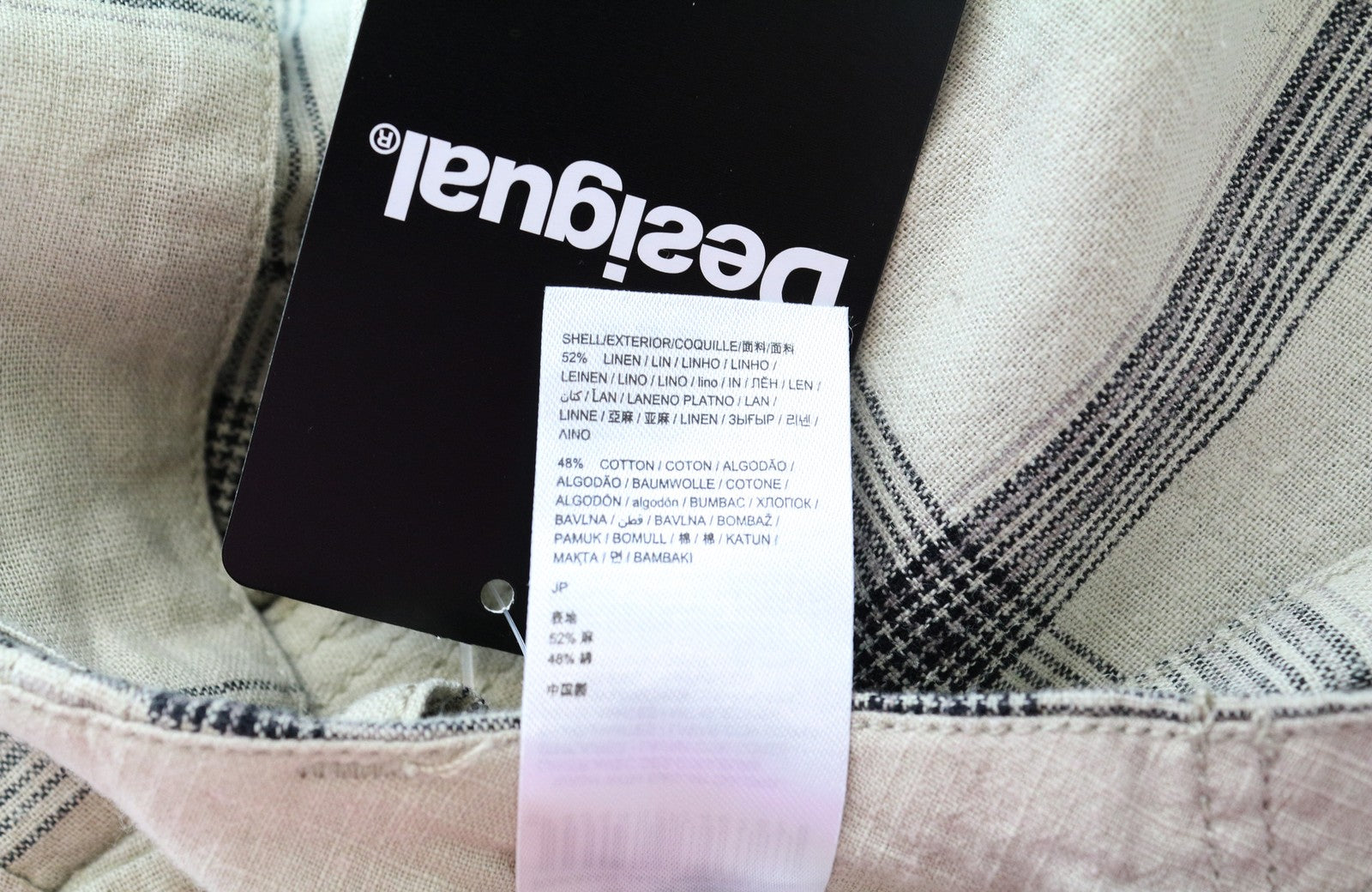 DESIGUAL Marc Men Shorts 32 Brown Check Pattern Linen Cotton Multi Pocket Cargo