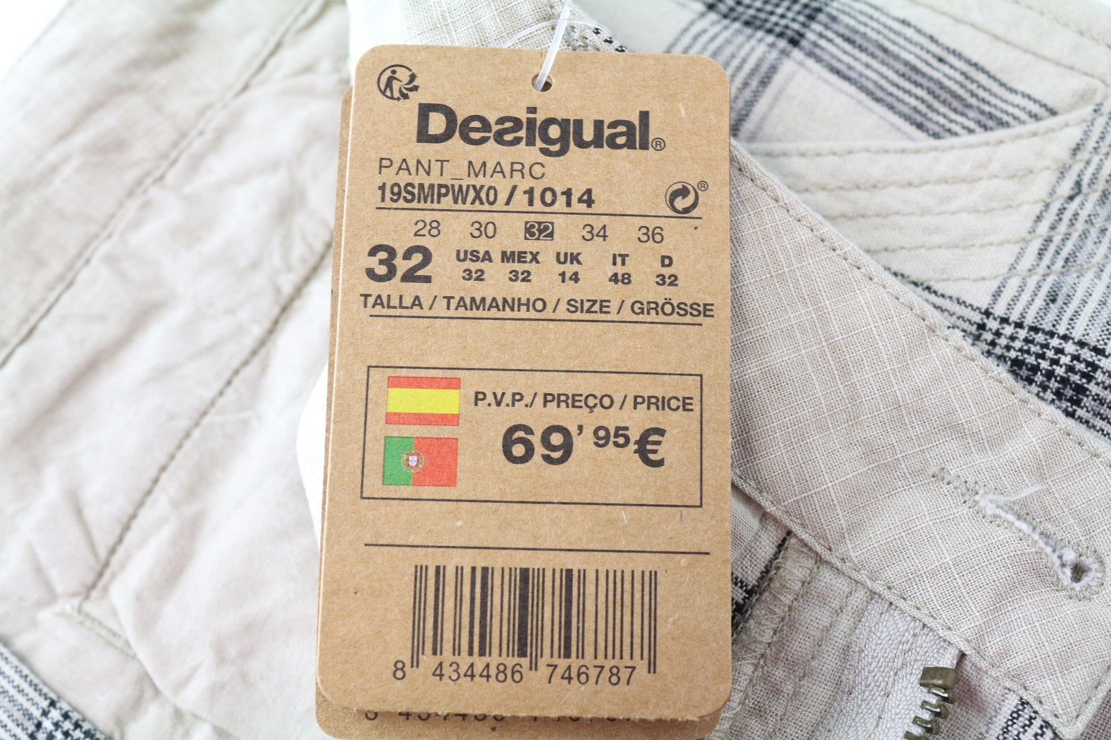 DESIGUAL Marc Men Shorts 32 Light Brown Checked Linen Cotton Multi Pocket Cargo