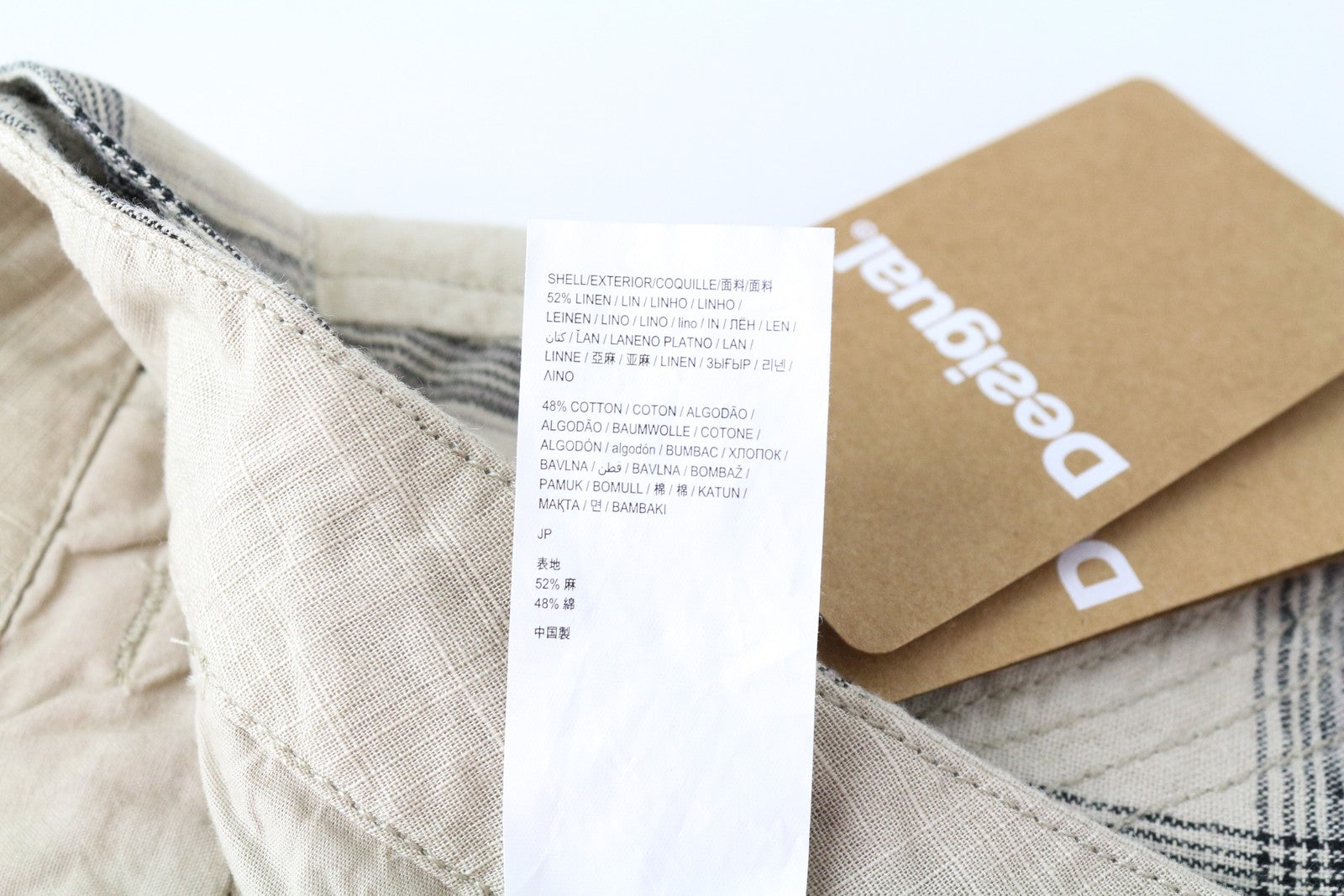DESIGUAL Marc Men Shorts 32 Light Brown Checked Linen Cotton Multi Pocket Cargo