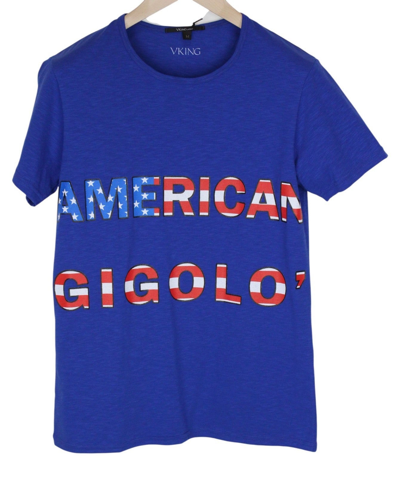 VKING Men T-Shirt M Blue Cotton Stretch Short Sleeved American Logo Print
