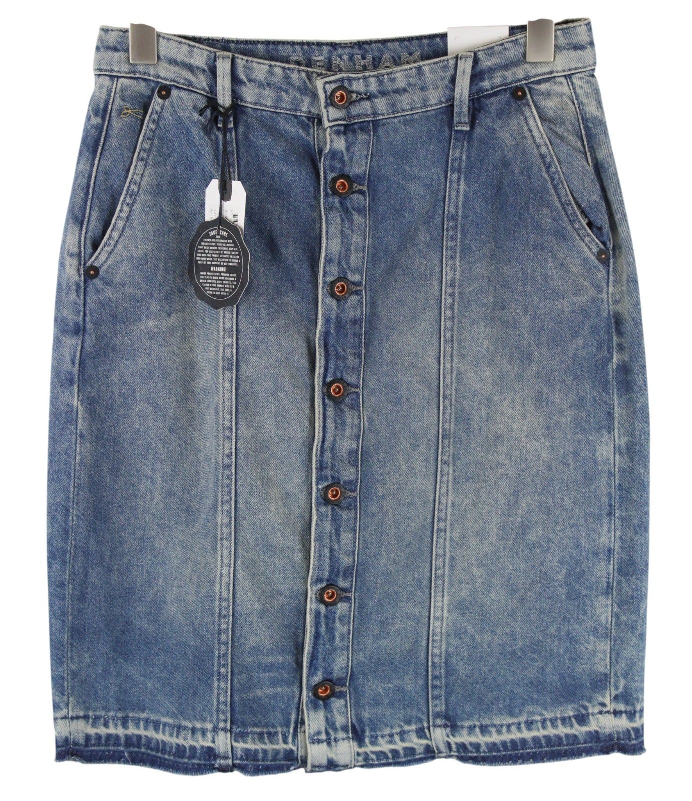 DENHAM Bo Women Skirt W26 Blue Cotton Washed Pocketed Front Button Denim
