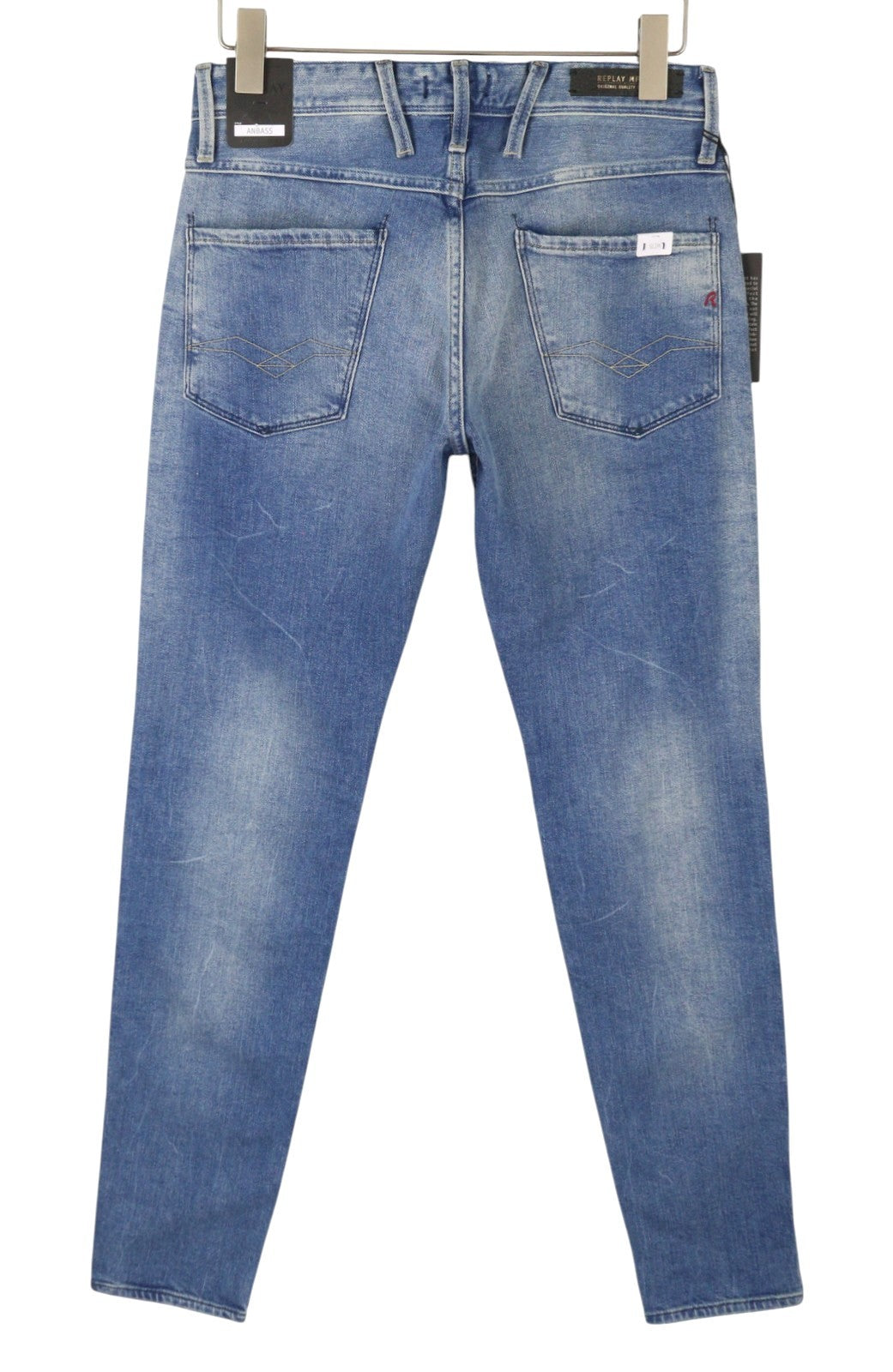 REPLAY Anbass Men Jeans W30/L34 Blue Whiskers Faded Slim Fit Zip Fly Denim