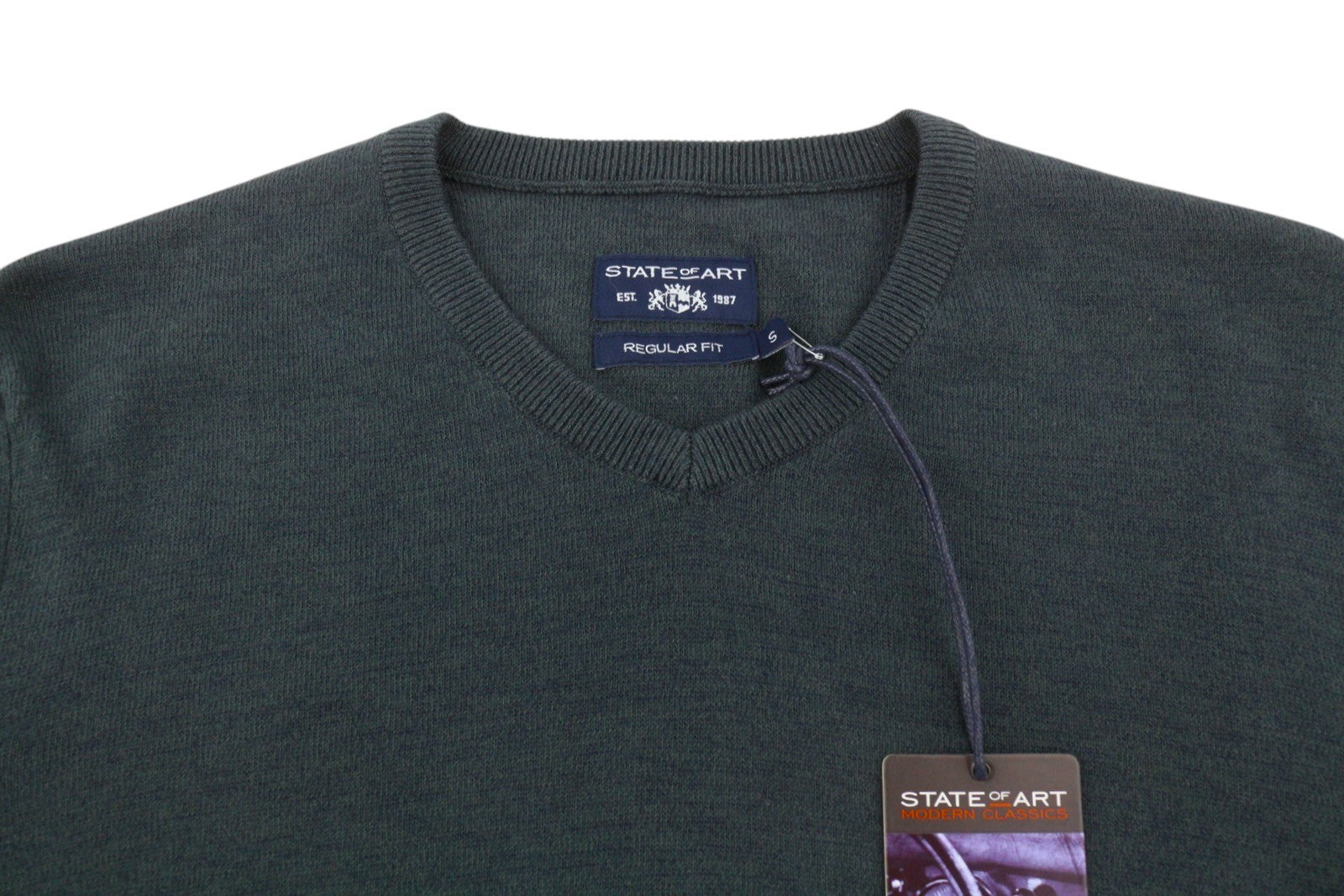 STATE OF ART Men Jumper S Dark Grey Melange Knitted V-Neck Pull On