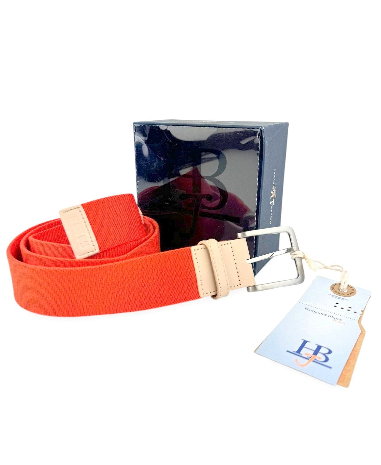 HARMONT & BLAINE Men Belt 110 cm Orange Beige Leather Details Squared-End