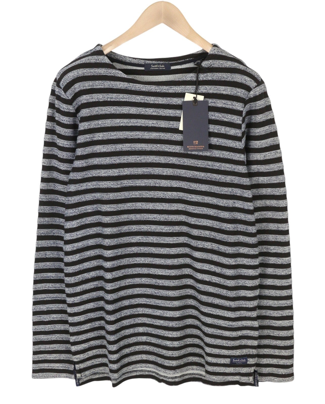SCOTCH & SODA Men Sweatshirt M Black Striped Crew Neck Long Sleeve Pull On