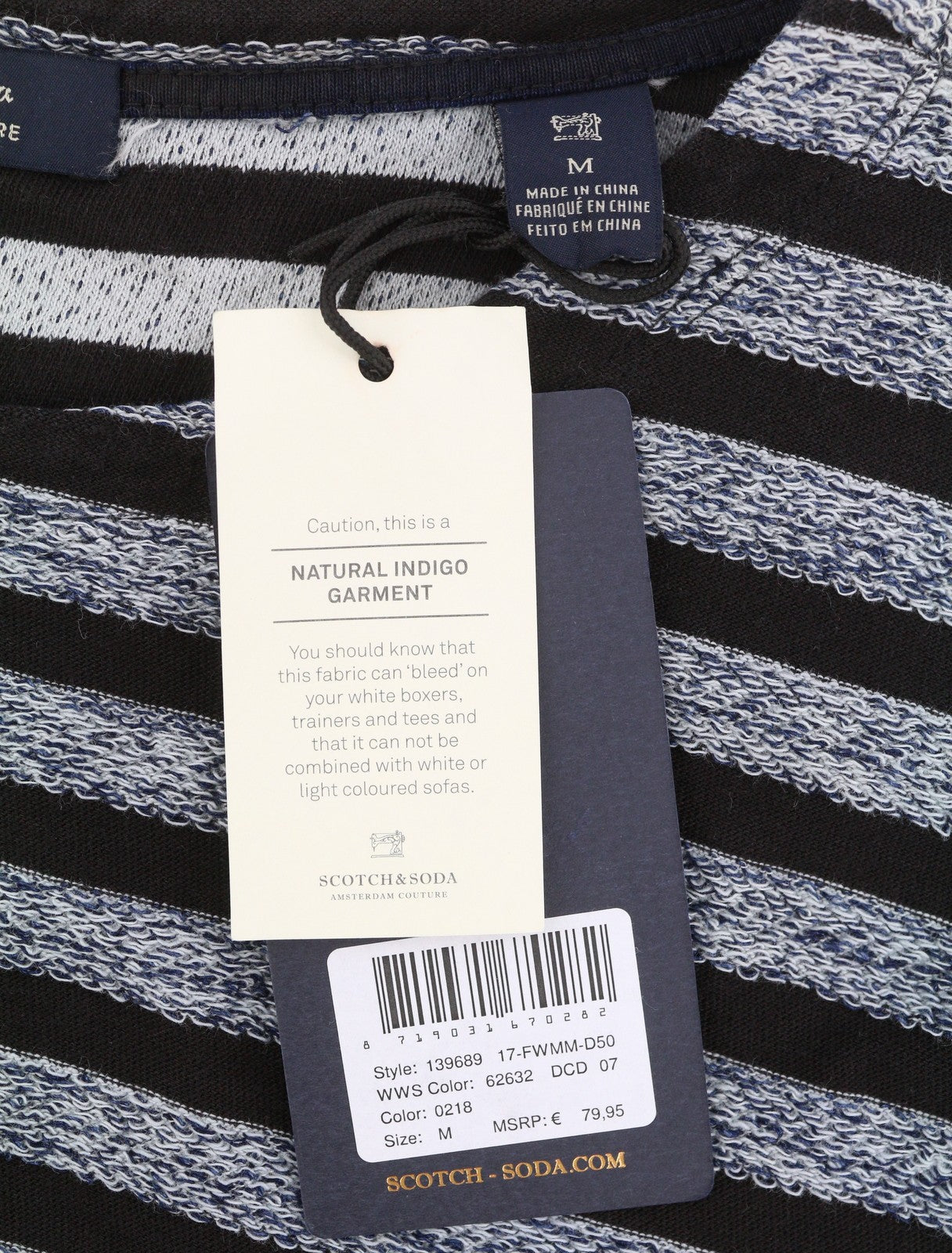 SCOTCH & SODA Men Sweatshirt M Black Striped Crew Neck Long Sleeve Pull On