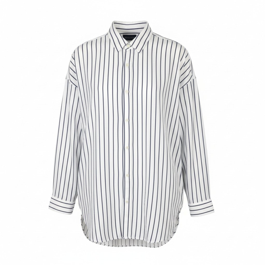 SCOTCH & SODA Men Shirt L White Pinstriped Long Fit Button-Up Spread Neck