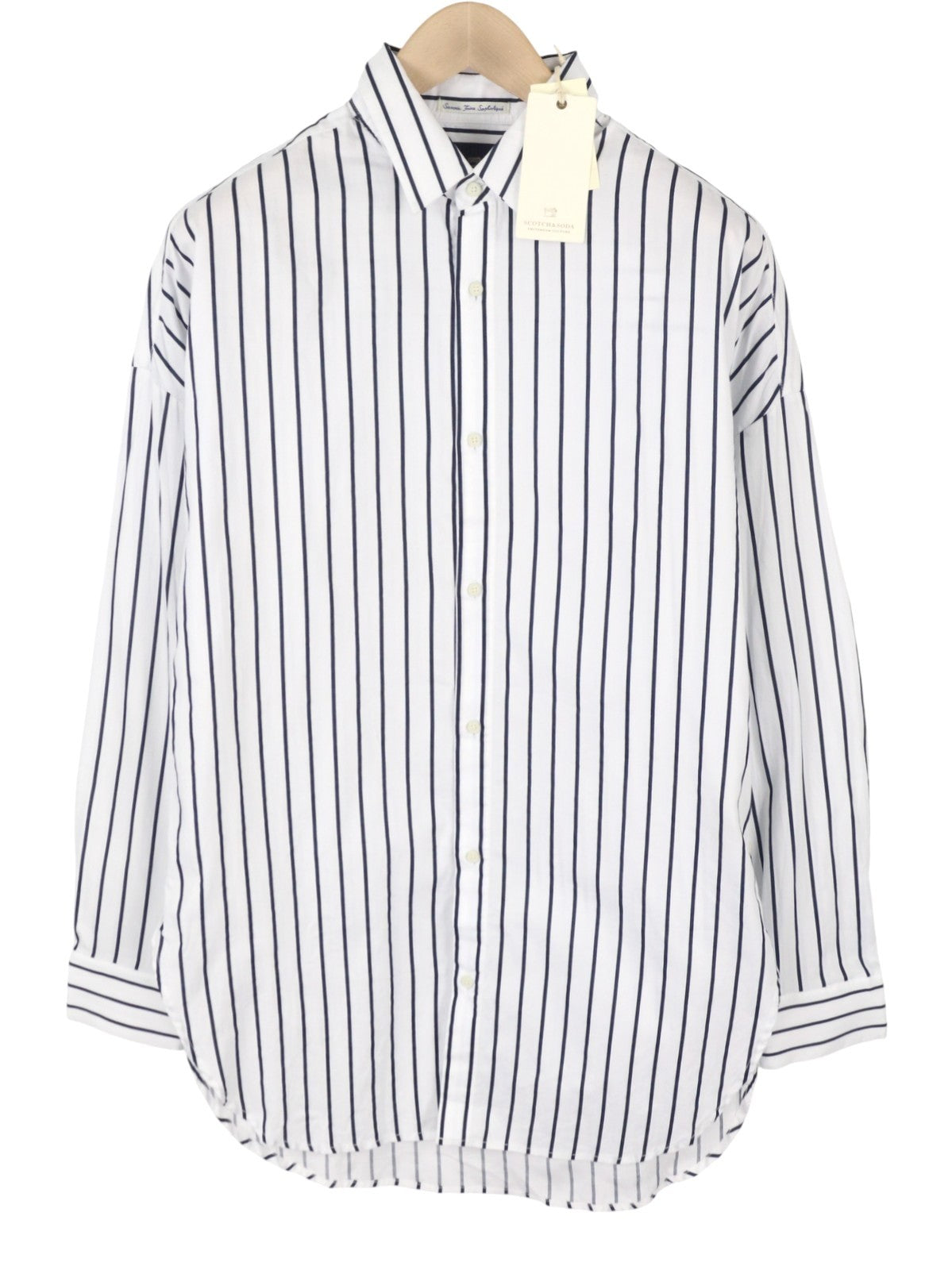 SCOTCH & SODA Men Shirt L White Pinstriped Long Fit Button-Up Spread Neck