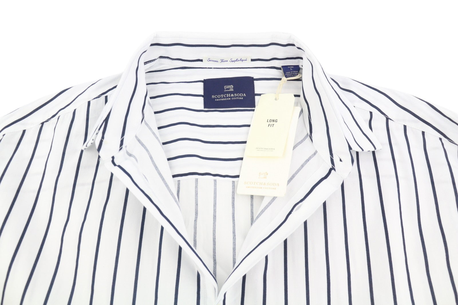 SCOTCH & SODA Men Shirt L White Pinstriped Long Fit Button-Up Spread Neck