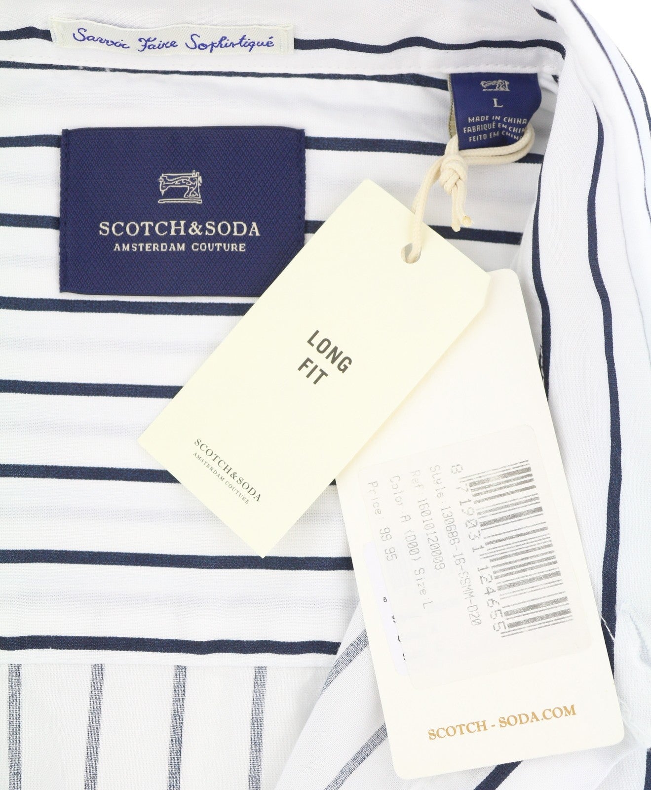 SCOTCH & SODA Men Shirt L White Pinstriped Long Fit Button-Up Spread Neck